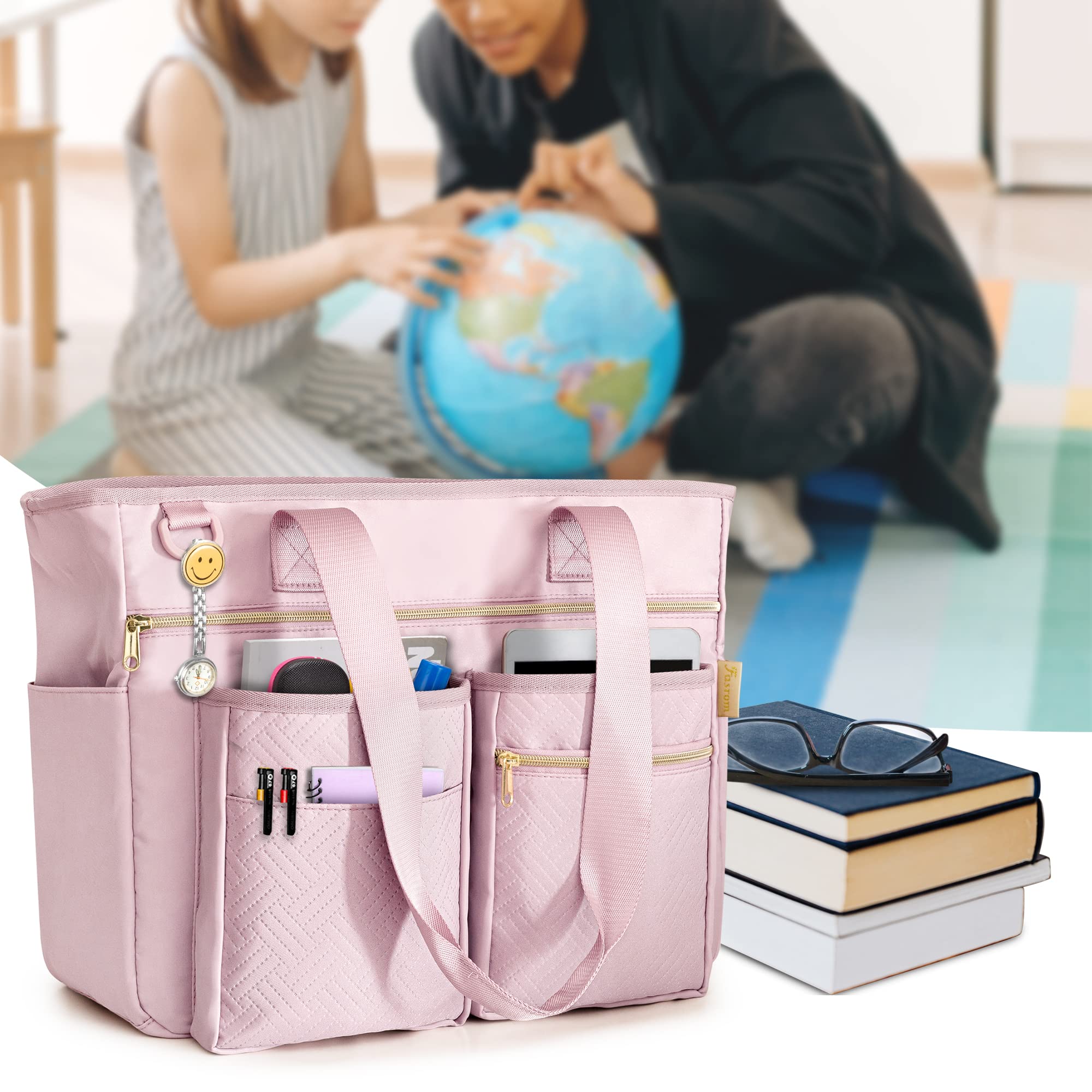 Professional Teacher Tote Bag for Women - Large Work Bag with Padded Laptop Compartment (Fits 14 Inch Laptop) & Multiple Pockets for School Supplies - Stylish Pink Patent Design - Perfect for Teachers, Professors & Educators (Classroom, Office, Commuting)