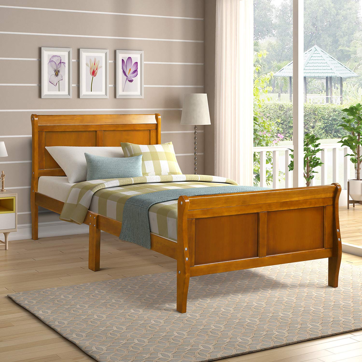 JULYFOX Twin Wood Sleigh Bed Frame with Headboard & Footboard - Sturdy Platform Bed with Wood Slats, No Box Spring Needed - Heavy Duty Design for Kids, Teens, Juniors & Small Spaces (Twin, Walnut) - Perfect for Bedrooms, Dorms, Apartments & Guest Rooms