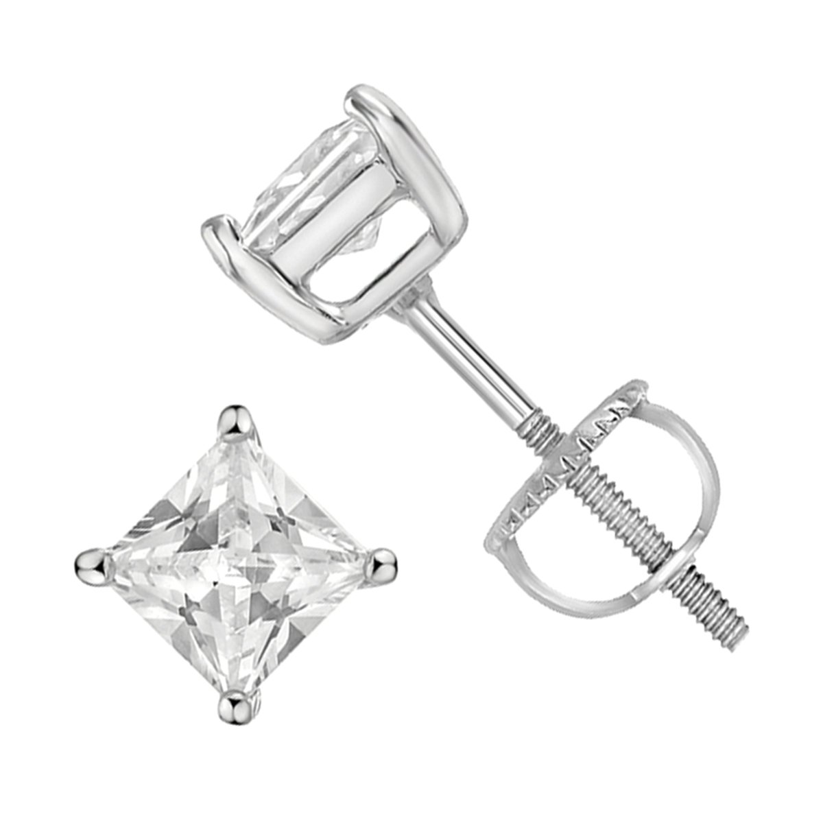 925 Sterling Silver Princess Cut Square CZ Screw Back Stud Earrings - Rhodium Plated for Women, Gift for Her, Wedding, Anniversary, Party & Everyday Wear