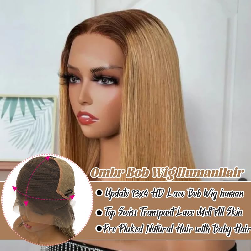13x4 HD Transparent Lace Front Wig - 100% Human Hair Glueless Bob Wig with Ombre Honey Blonde Highlights, Pre-Plucked Hairline & Baby Hair | Wear & Go Short Bob Wigs for Women (#4/27) | Perfect for Daily Wear, Parties, Cosplay & Special Occasions