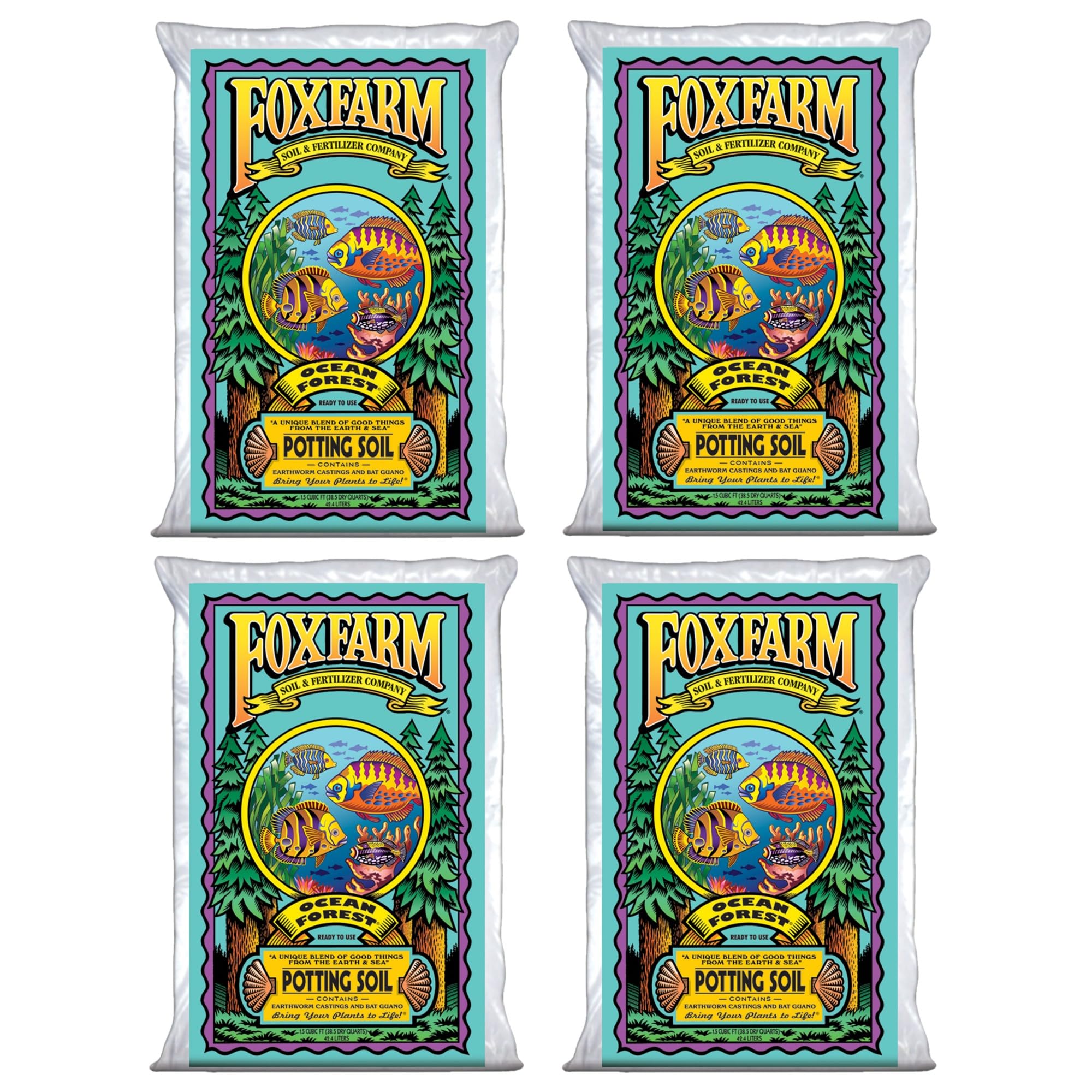 FoxFarm Ocean Forest Potting Soil 1.5 Cubic Feet (4 Pack) - Lightweight Aerated Soil Mix for Container Plants, pH Balanced for Maximum Nutrient Absorption, Superior Moisture Retention - Ideal for Indoor Houseplants, Vegetable Gardens & Flower Pots