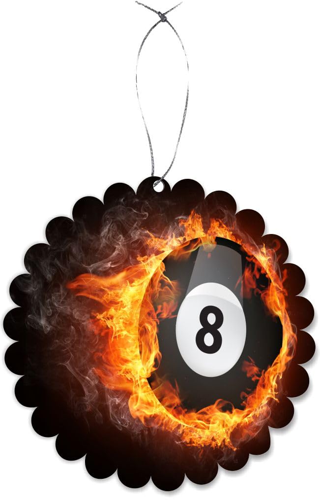 Super 8 Black Ball on Fire Billiards Car Ornament - Round Scallop Christmas Hanging Decor for Rearview Mirror - Unique Billiard-Themed Car Accessory for Pool Lovers & Holiday Decorations