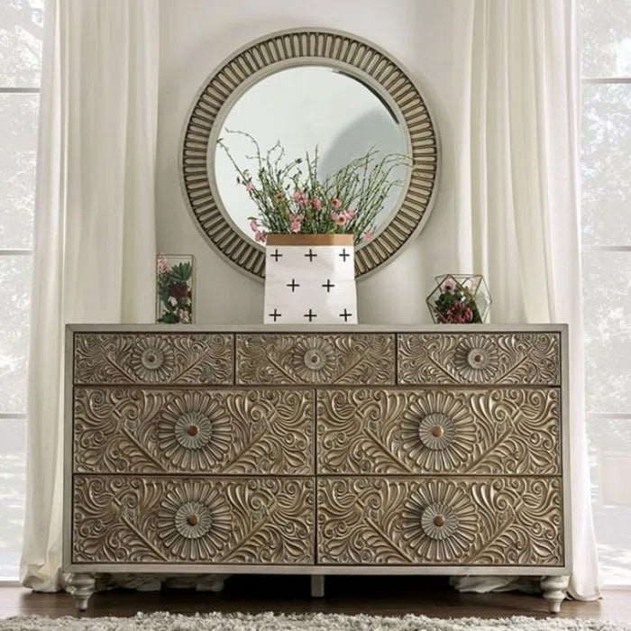 Hand Carved Wooden Chest of Drawers - Exquisite Indian Teak Dresser with 5 Drawers for Bedroom Storage & Organization | Vintage Style Furniture for Master Bedroom, Guest Room & Dorm Decor