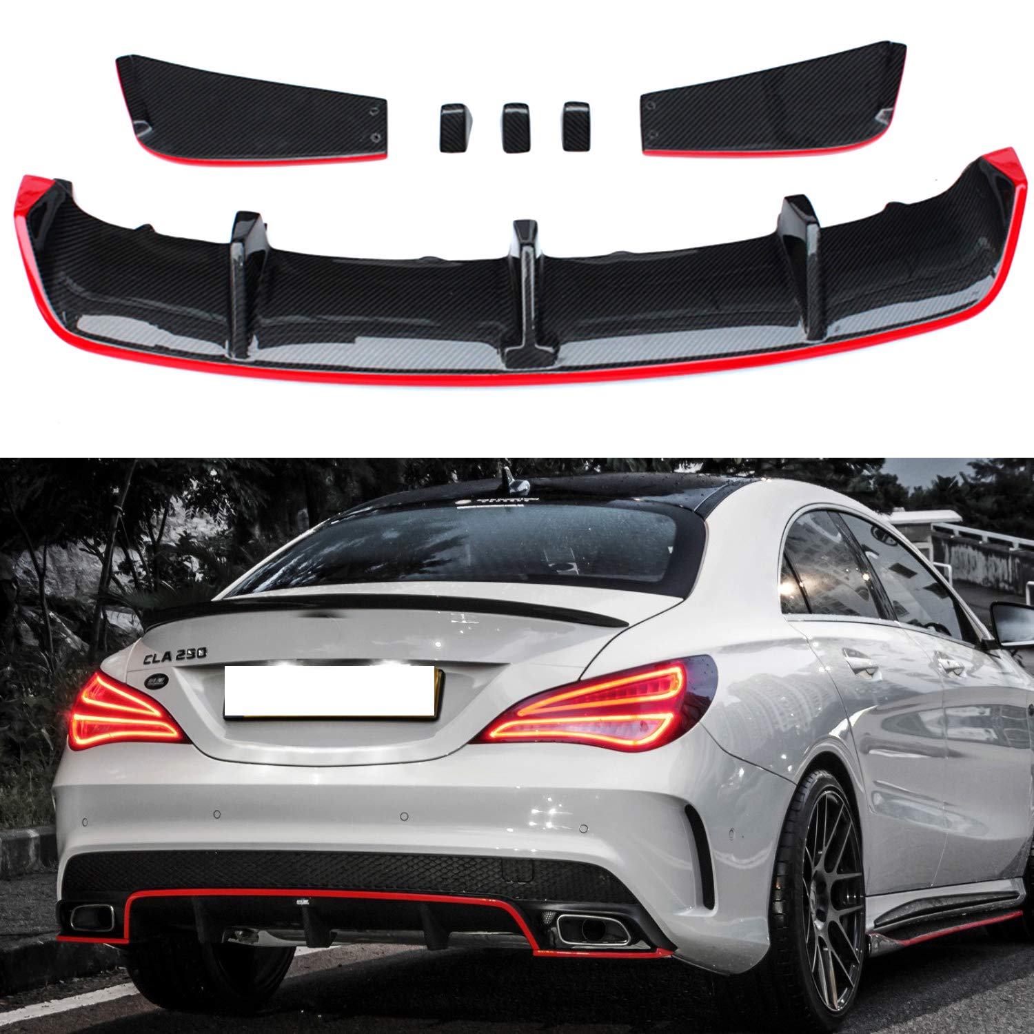 Carbon Fiber Rear Diffuser Lip Spoiler for Mercedes Benz CLA Class W117 & CLA45 AMG (2013-2016) - Red Line Trim, Sporty Upgrade for Enhanced Aerodynamics & Styling - Perfect for Car Enthusiasts & Track Day Performance