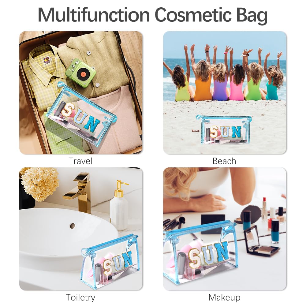 Clear Makeup Bag for Women & Teens - Preppy Patch SUN Varsity Letter Cosmetic Pouch, Transparent PVC Zipper Toiletry Bag, Waterproof Travel Organizer for Cosmetics, Sunscreen & Essentials | Perfect for Travel, Gym, Beach & Daily Use