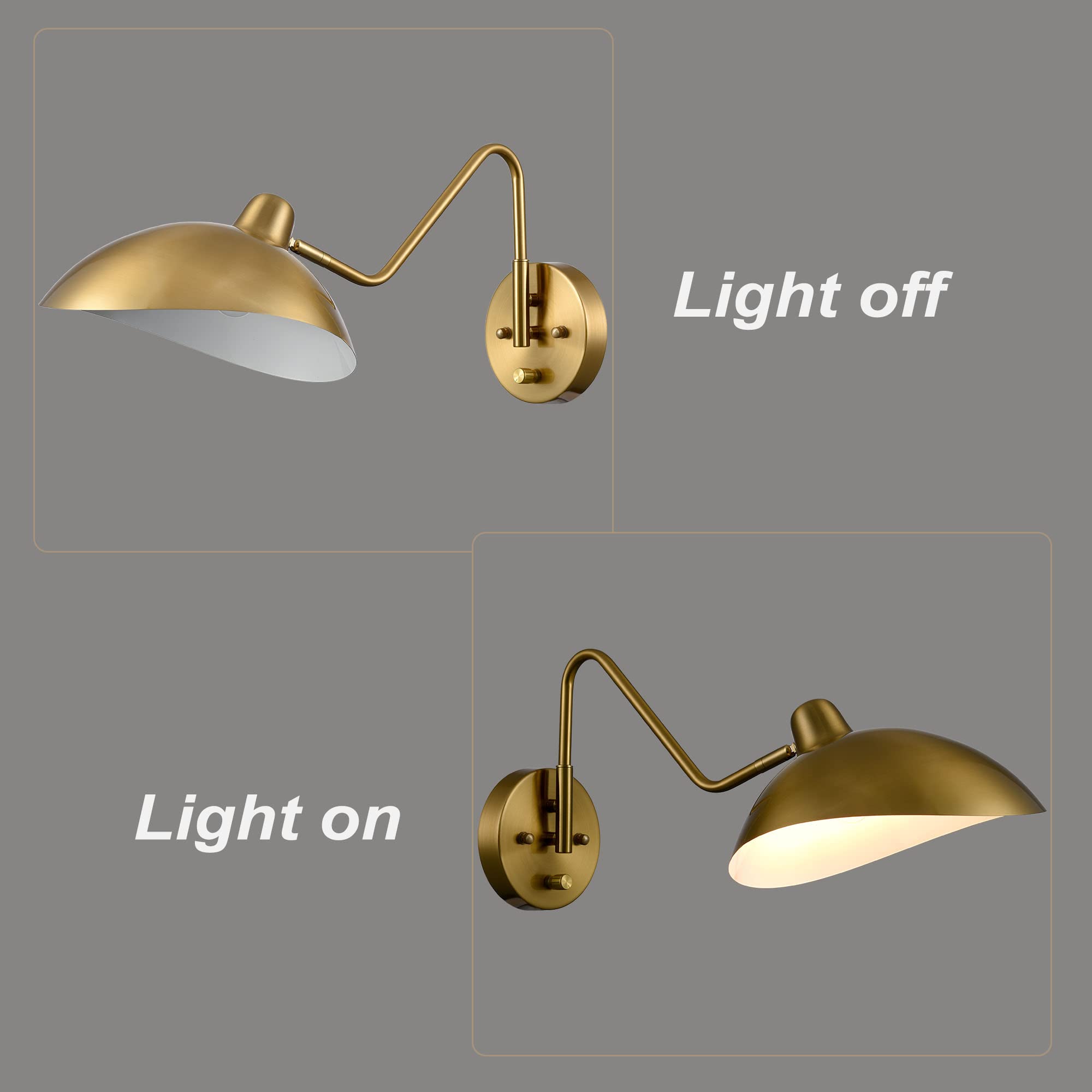 Plug-in Swing Arm Wall Sconce - Gold Brass Wall Lamp with On/Off Switch (Set of 2) - Perfect for Bedroom, Living Room & Reading Nook Lighting