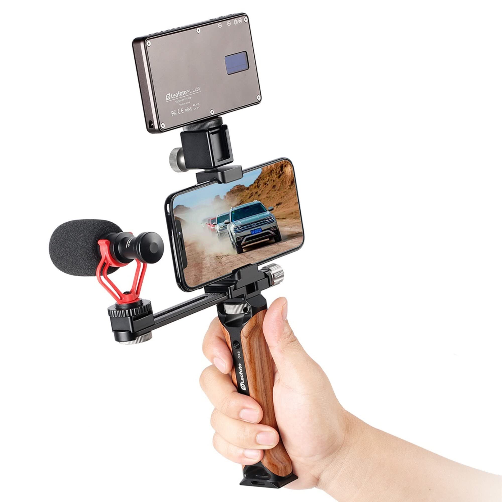 LEOFOTO VC-1 Smartphone Video Kit with Rosewood Handle - Universal Smartphone Clamp, Cold Shoe Mount & Arca/RRS Compatible Rail Clamp for Vlogging, YouTube Videos & Mobile Photography