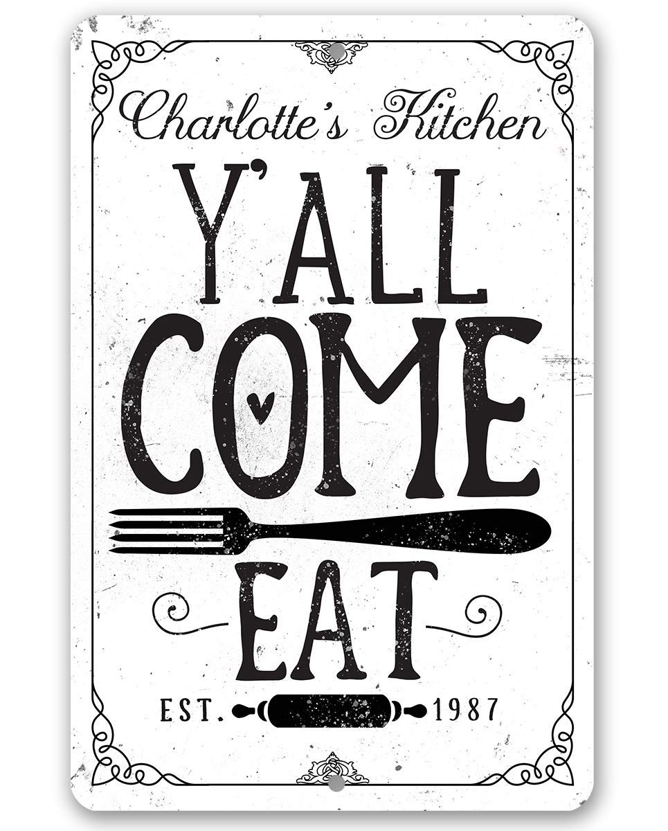 Personalized 'Y'all Come Eat' Metal Sign - Vintage Rustic Kitchen Wall Decor for Farmhouse Style - Indoor/Outdoor Kitchen Accessories & Wall Art - Perfect for Dining Room, Patio or Country Home Decor