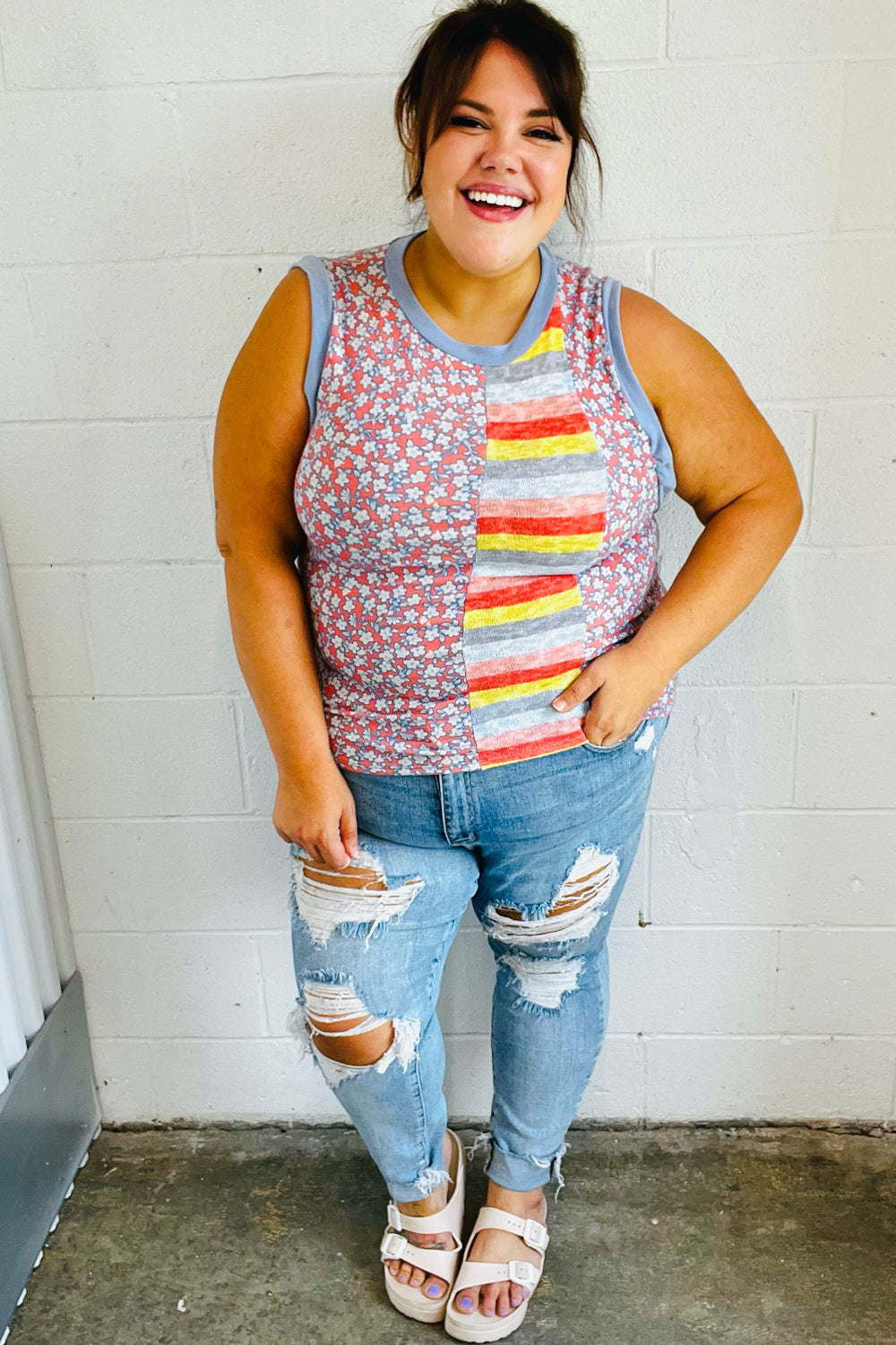 Coral & Denim Stripe Floral Print Tank Top for Women - Summer Beach Vacation Outfit, Casual Streetwear Fashion