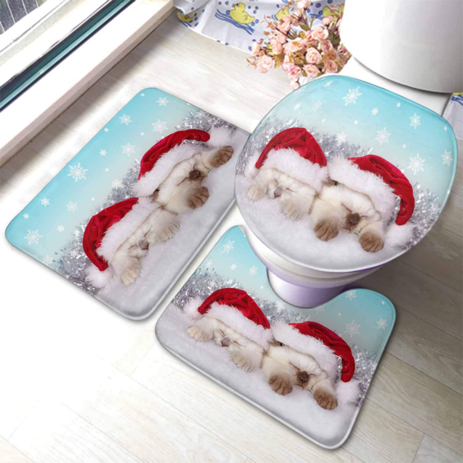 3-Piece Little Cats Bathroom Rug Set with Santa Hats - Non-Slip U-Shaped Contour Floor Mat & Toilet Lid Cover - Perfect for Christmas Decor, Bathroom Safety, and Cozy Home Decor