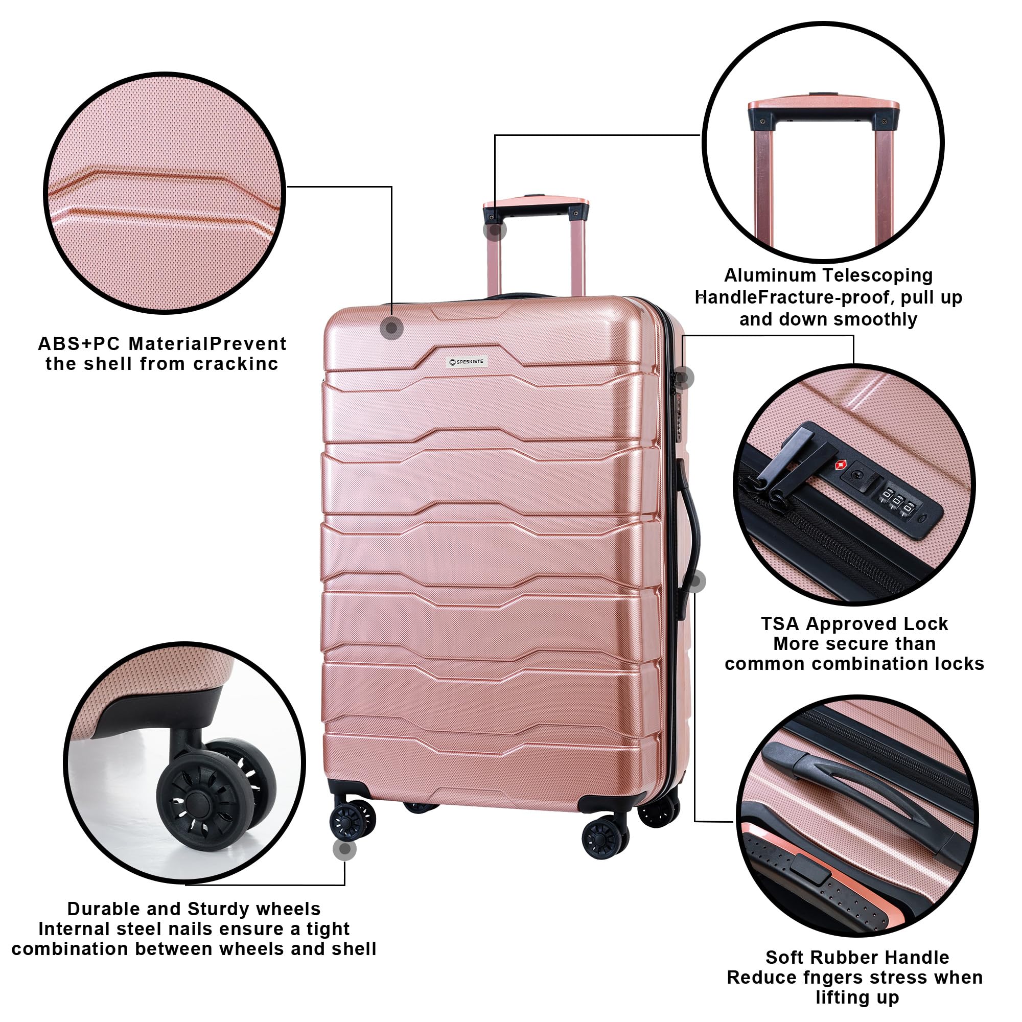 3-Piece Lightweight Hard Shell Luggage Set with Spinner Wheels & TSA Lock - Rose Gold (20/24/28 Inch) - Perfect for Travel, Business Trips & Vacations
