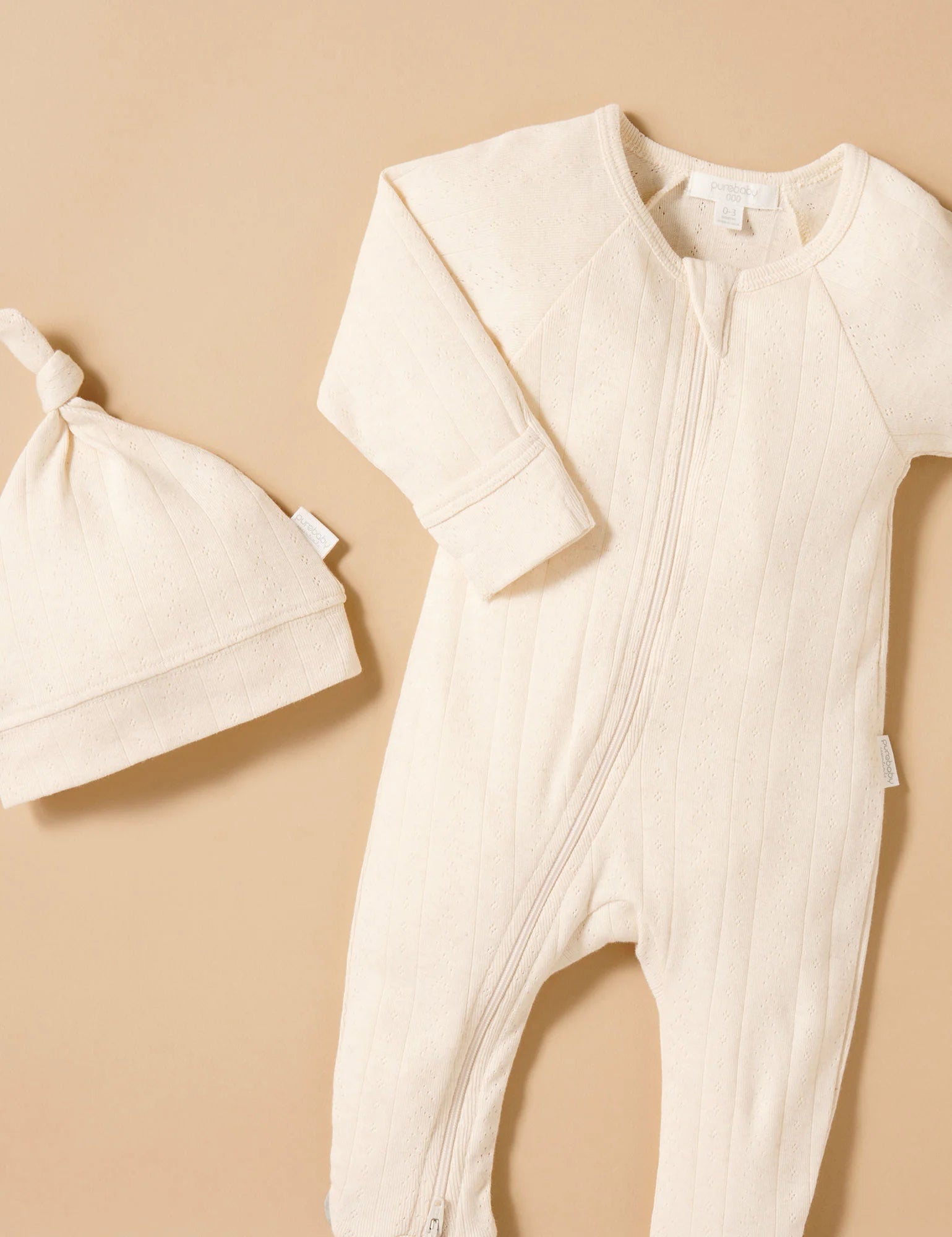 Purebaby Organic Pointelle Growsuit & Hat Set - Wheat Melange | Soft Baby Romper & Bonnet for Newborns | Perfect for Nursery, Photoshoots & Daily Wear