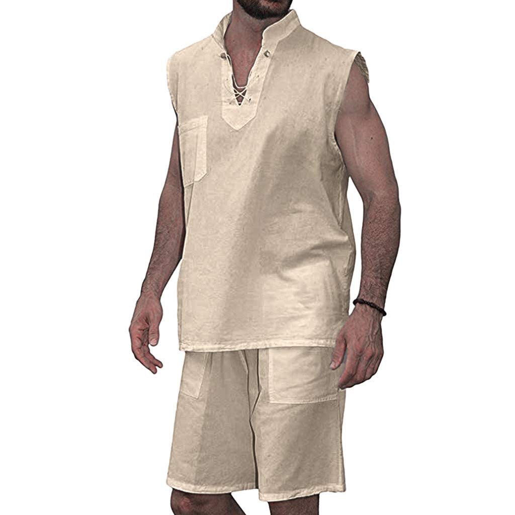 Men's 2-Piece Summer Outfit Set - Breathable Cotton Beachwear with V-Neck Hippie Shirt & Drawstring Shorts - Gym Tracksuit for Casual Wear, Beach Vacation & Outdoor Activities (Size 3XL)