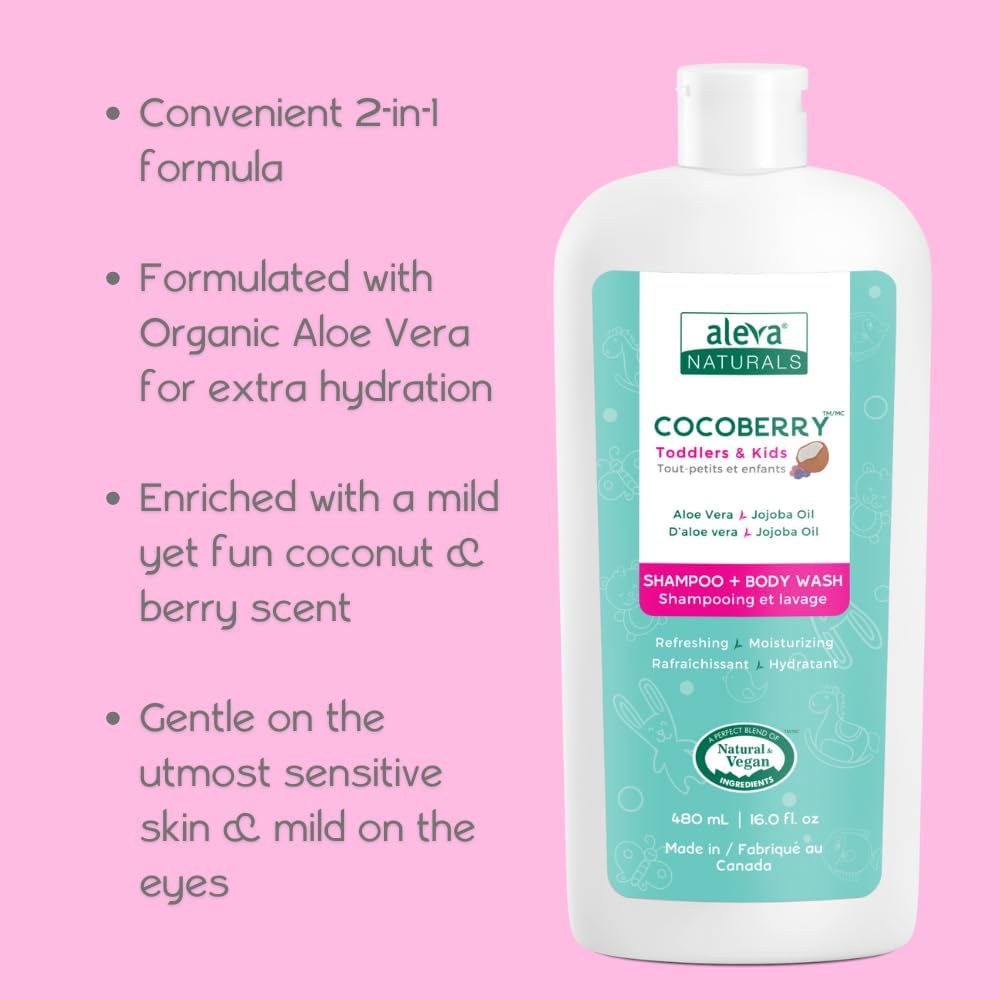 Aleva Naturals Cocoberry Toddlers & Kids Hair & Body Care TRIO Set - 480 mL x 3 (Shampoo, Conditioner & Body Lotion) | Gentle & Natural for Sensitive Skin | Perfect for Bath Time & Daily Moisturizing