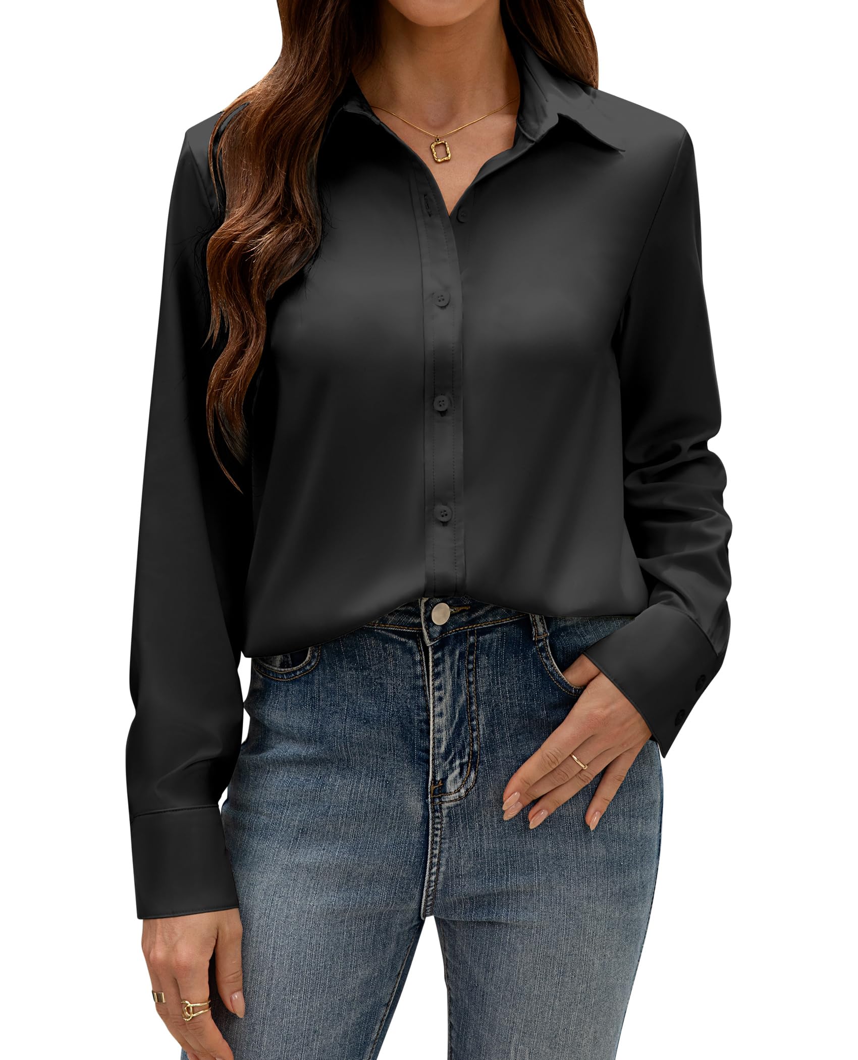 Siliteelon Women's Long Sleeve Button Down Dress Shirts - Wrinkle Free Solid Formal Work Blouse for Business Office & Professional Occasions