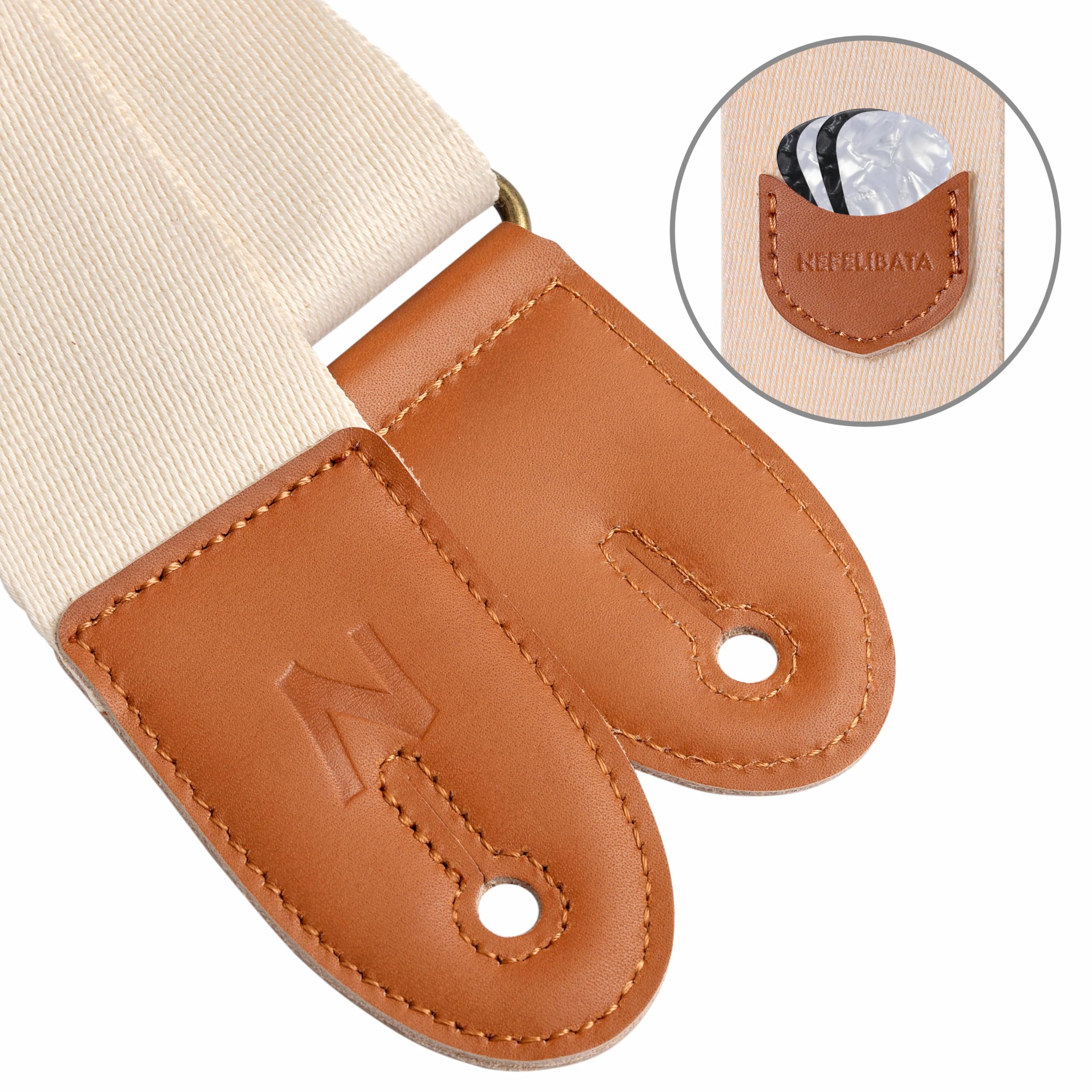 Premium Nefelibata Guitar Strap - 100% Cotton with Full Grain Leather Ends, Includes Pick Pocket, Free Strap Button, 1 Pair Strap Locks & 4 Guitar Picks - Compatible with Bass, Electric & Acoustic Guitars (Cream) - Perfect for Live Performances, Studio Sessions & Casual Playing