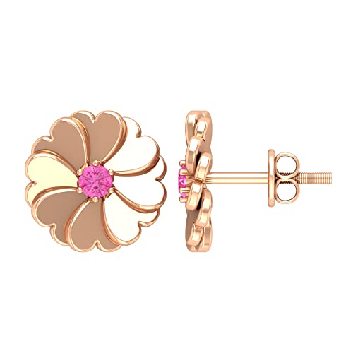 14K Solid Gold Pink Sapphire Stud Earrings for Women - September Birthstone Heart Petal Floral Earrings | Perfect for Weddings, Anniversaries & Gift Giving