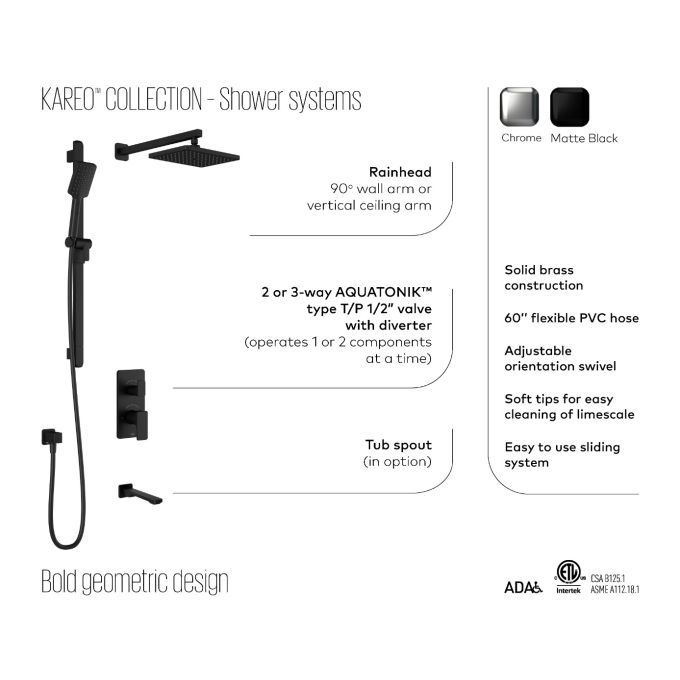 KALIA KAREO TB3 Thermostatic Shower System - 3-Way Push Button Valve with Wall Arm for Bathroom & Spa | Modern Temperature Control for Luxury Showers