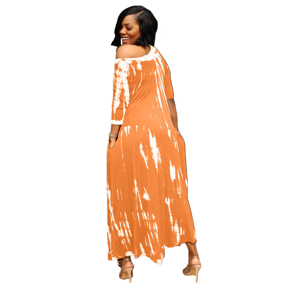 Long Slit Skirt Wide Neck Tie Dye Dress - Boho Chic Summer Maxi Dress for Beach Vacation & Music Festivals