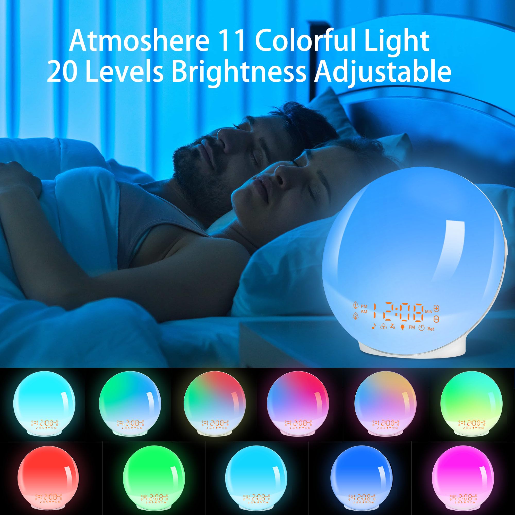 Sunrise Alarm Clock with Wake Up Light - Sunrise/Sunset Simulation, Dual Alarms, FM Radio & 7 Natural Sounds | 11 Color Changing Night Light for Bedroom, Snooze Function (White) - Perfect for Gentle Morning Wake-Ups & Relaxing Nighttime Ambience