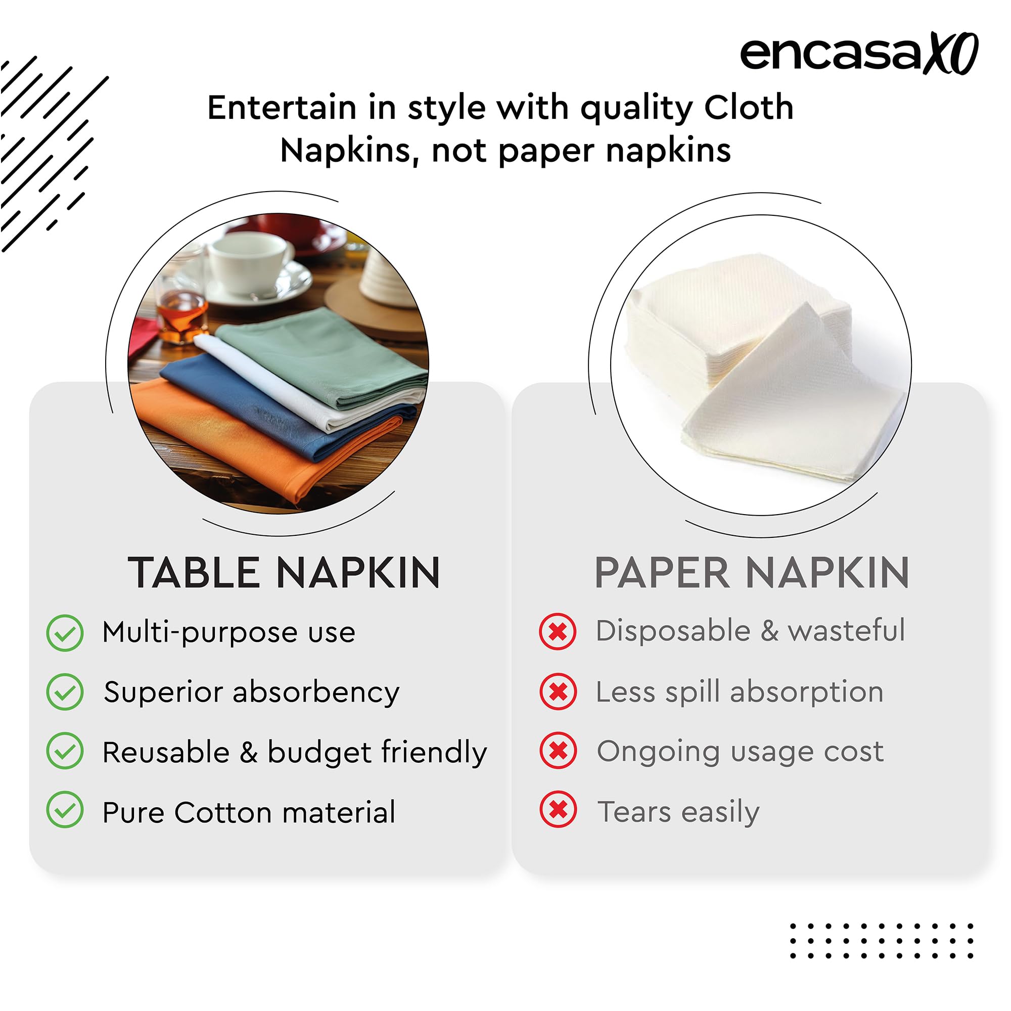 Encasa XO 4-Pack Premium Cotton Hemstitched Cloth Napkins | 17x17 Inch White Square Dining Napkins | Soft, Durable & Reusable for Everyday Meals, Parties & Formal Events | Machine Washable