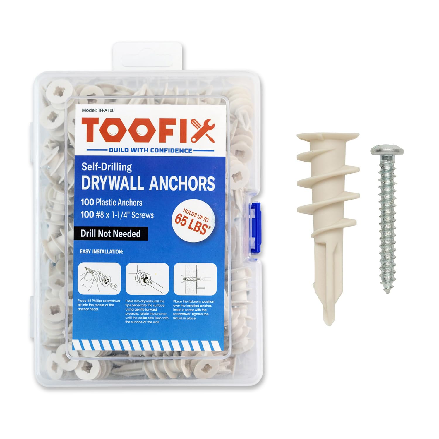 Self-Drilling Drywall Anchor Kit - 200-Piece Plastic Wall Anchors with Screws for Secure Mounting | Perfect for Hanging Pictures, Shelves & Home Decor in Drywall