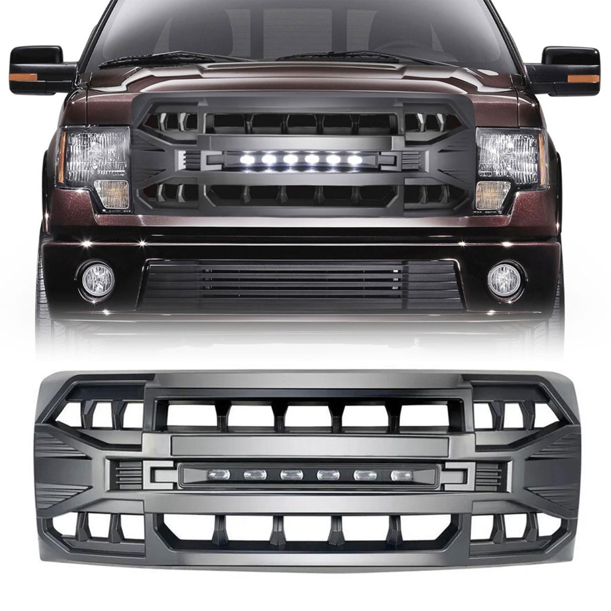 2009-2014 Ford F150 Front Grille Replacement - Matte Black Off-Road Style with LED Lights | Durable Aftermarket Grill Upgrade for Truck Accessories & Off-Road Adventures