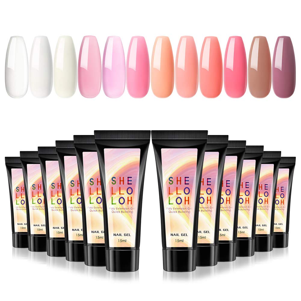 SHELLOLOH 12 Colors Poly Nail Gel Set - Professional Builder Gel for Nail Enhancement & Extension - Quick Building Gel Glue for Salon & Home Manicure - Perfect for Nail Art, Acrylic Extensions & DIY Nail Care