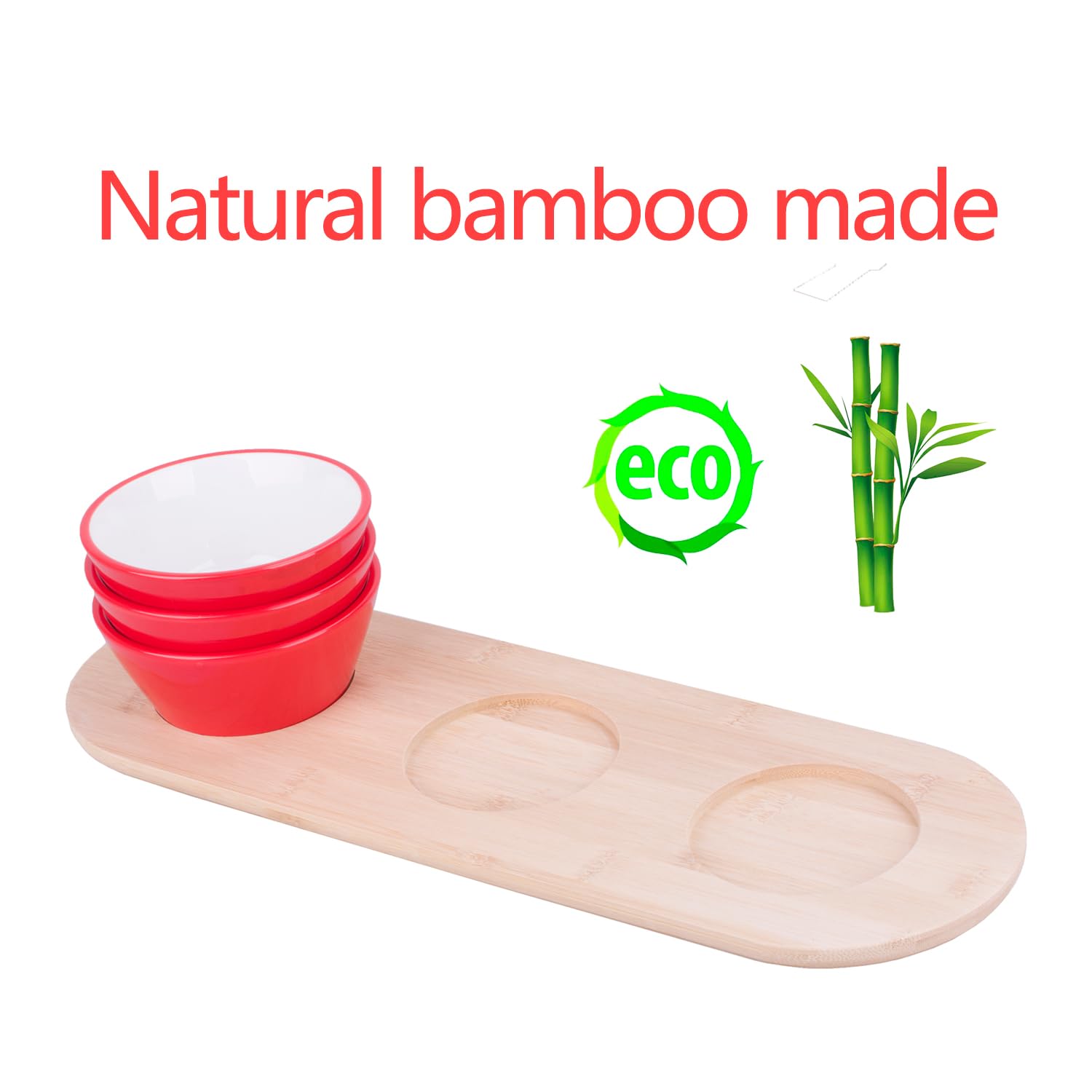 WOWCASE 10 oz Bamboo Wooden Chips and Dip Serving Platters Set - 2-Piece Appetizer Bowls for Snacks, Salsa, Condiments, Berries & Desserts | Perfect for Parties, Entertaining, Game Nights & Family Gatherings (Red)