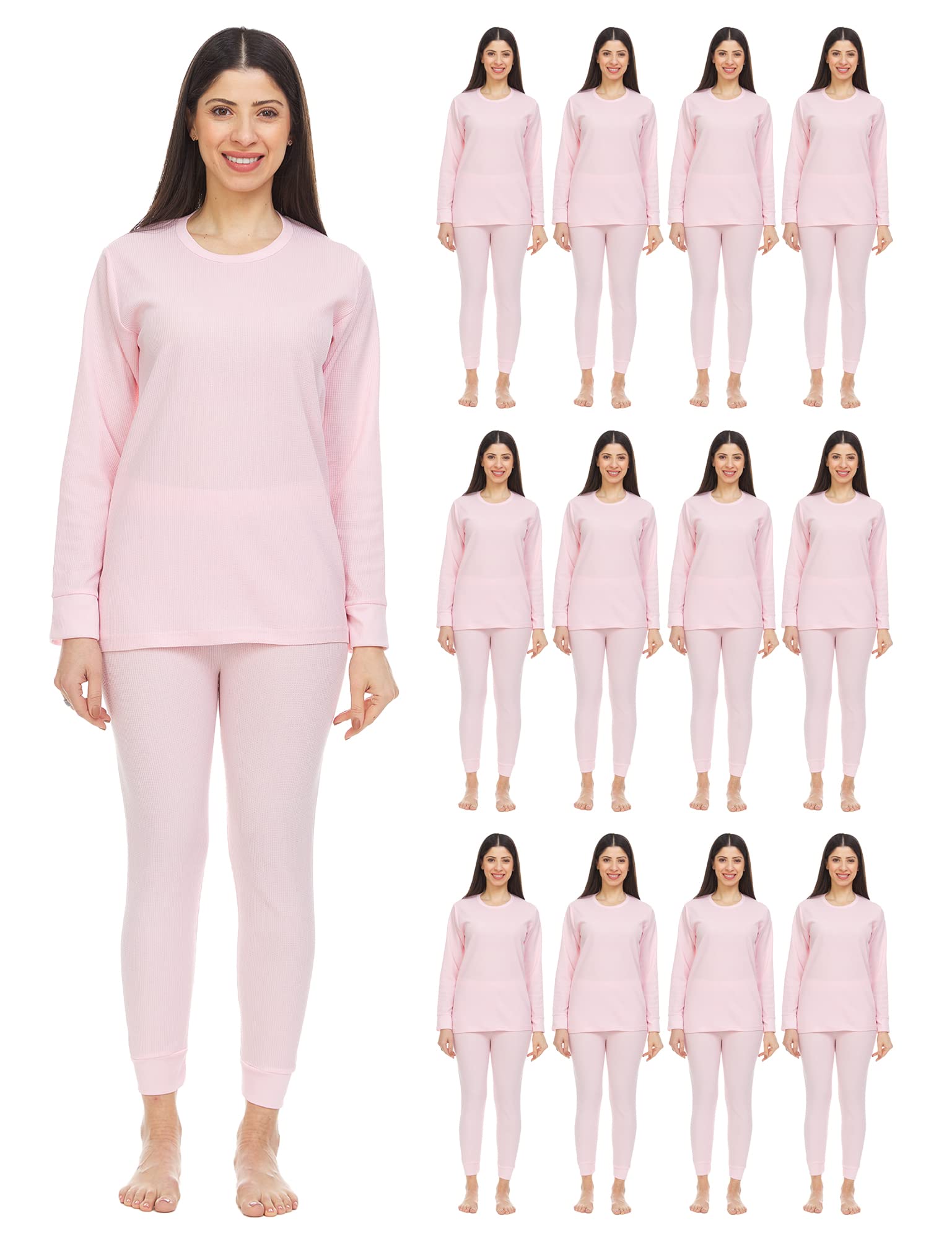 12 Pack Wholesale Bulk 2pc Women's Thermal Underwear Set - Cotton Long Johns Base Layer Top & Bottom in Solid Colors - Perfect for Winter, Skiing, Hiking & Cold Weather Activities