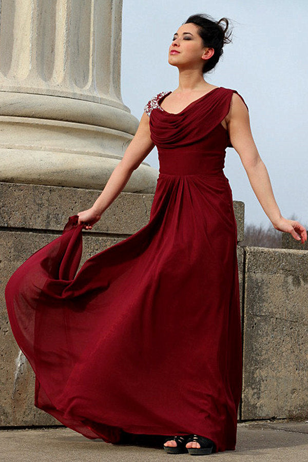 Elegant A-Line Round Neck Floor-Length Chiffon Beaded Prom Dress for Homecoming, Wedding, and Formal Events
