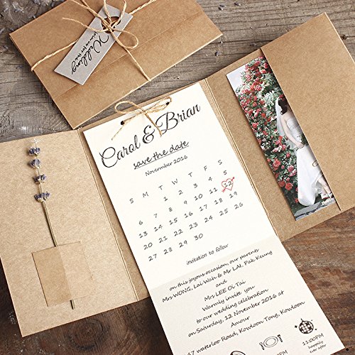 Custom Rustic Kraft Pocket Wedding Invitations - Set of 50 Personalized Cards for Engagement, Bridal Shower & Wedding Ceremony - Eco-Friendly Stationery for Country Chic Weddings