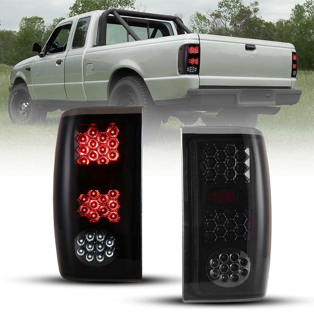 ROXX Full LED Tail Lights Assembly for 1993-1999 Ford Ranger - Smoke Lens Replacement with LED Brake, Turn & Reverse Lights - Driver & Passenger Side (Perfect for Off-Roading, Night Driving & Truck Customization)