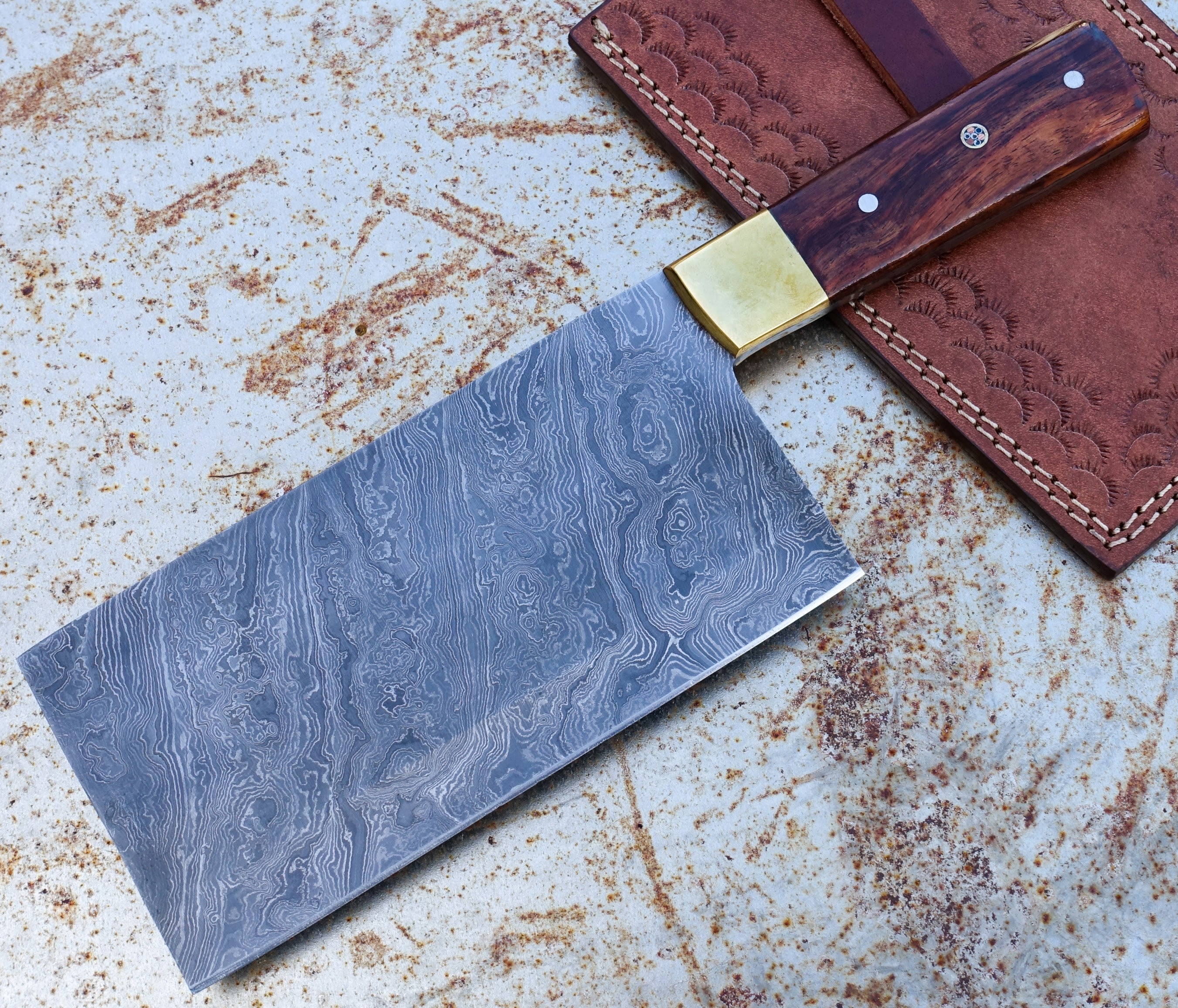 HK Knives 7-Inch Damascus Steel Cleaver with Leather Sheath - Premium Kitchen Knife for Meat Cutting, Vegetable Chopping & Outdoor Cooking