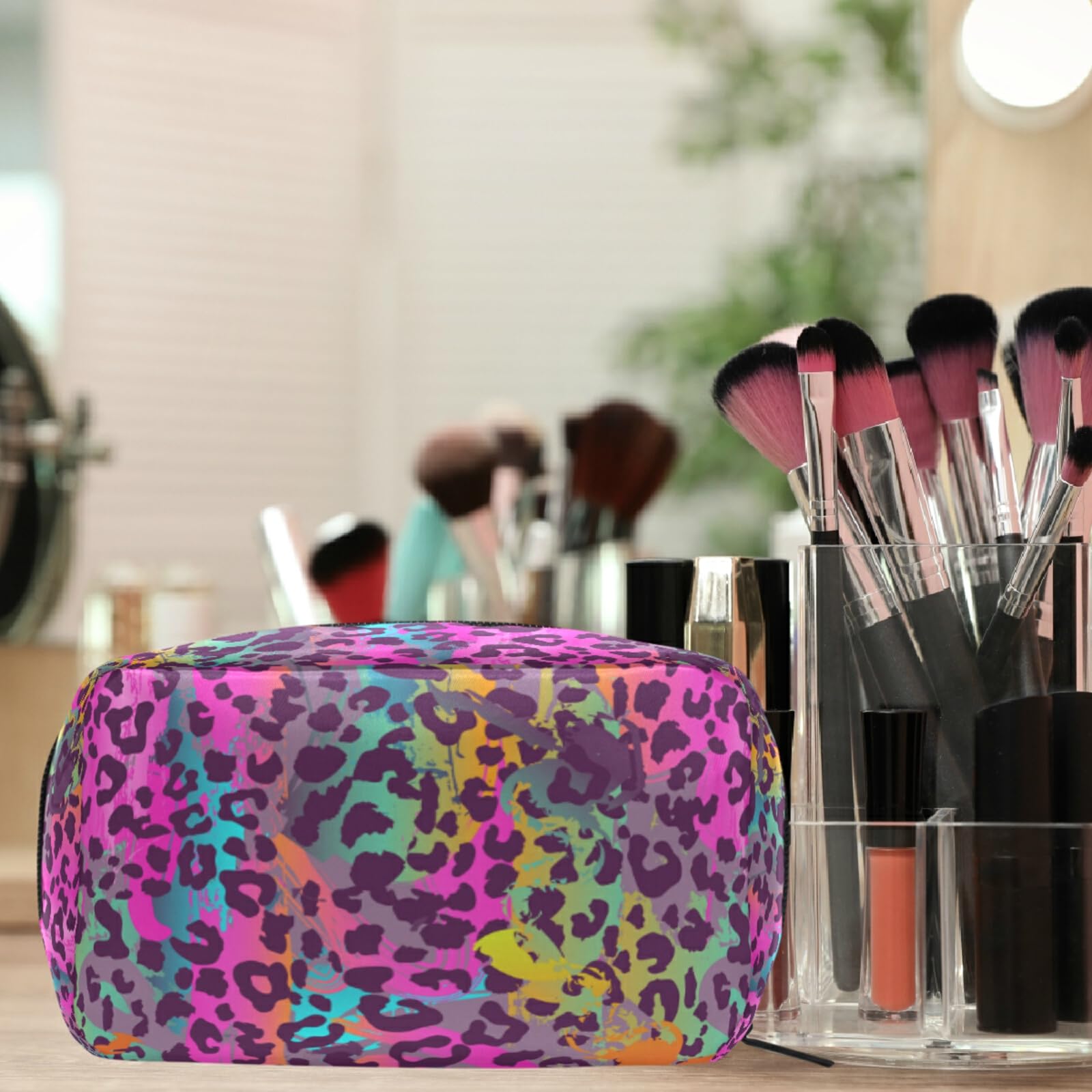 Colorful Leopard Print Makeup Bag for Women Travel | Small Cosmetic Organizer with Compartments | Perfect for Toiletries & Travel Essentials