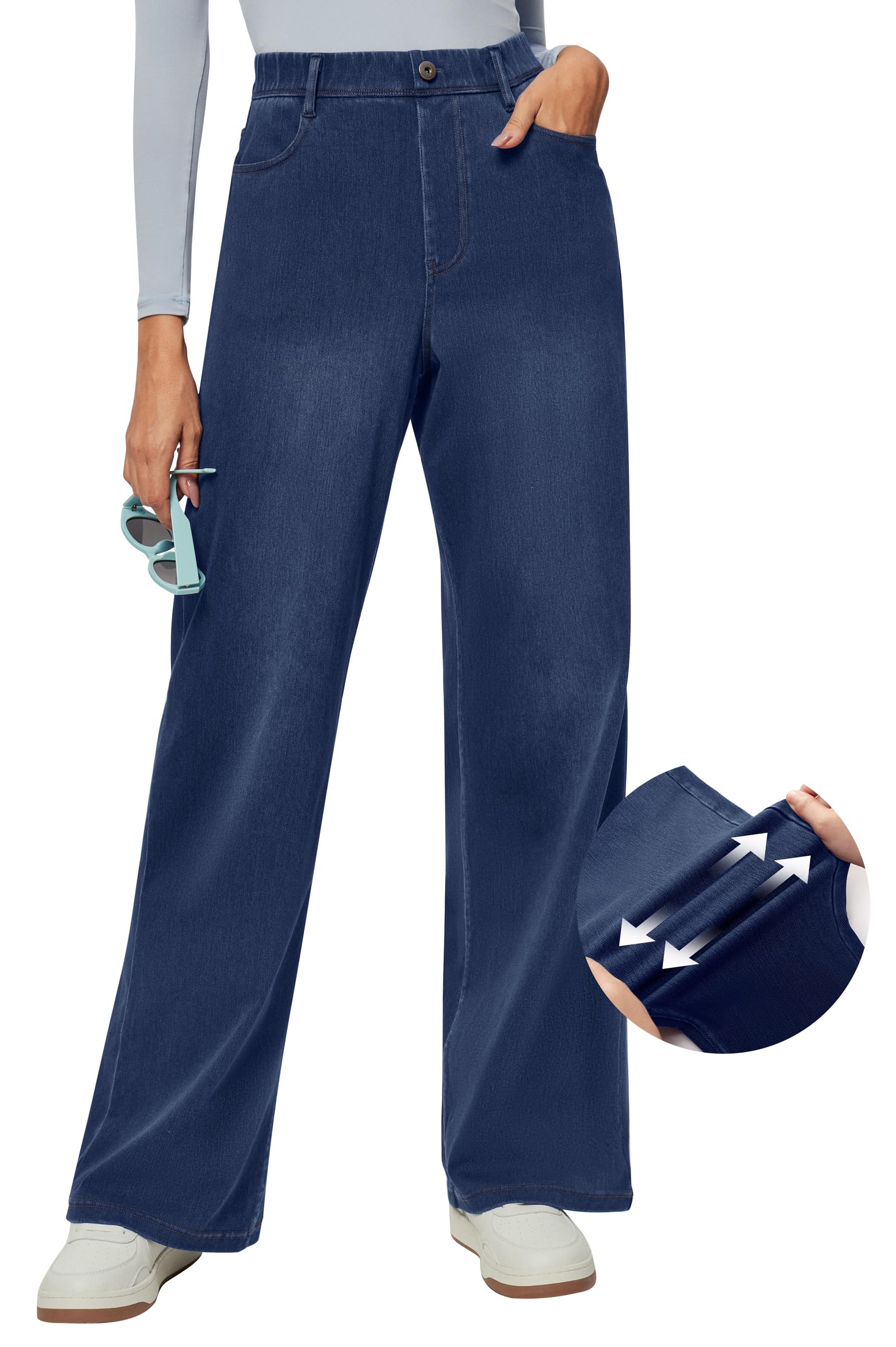 **IUGA Women's Stretchy High Waisted Wide Leg Jeans - Pull On Baggy Denim Pants for Casual & Trendy Outfits | Perfect for Work, Travel & Everyday Wear**
