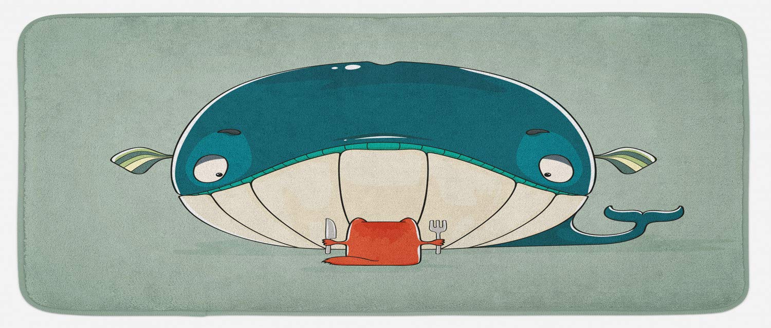 Ambesonne Non-Slip Kitchen Rug - Cute Whale & Cat Cartoon Design, 47x19 Inch Plush Bathroom Mat, Almond Green Teal - Perfect for Kitchen, Bathroom, Laundry Room & Entryway Decor