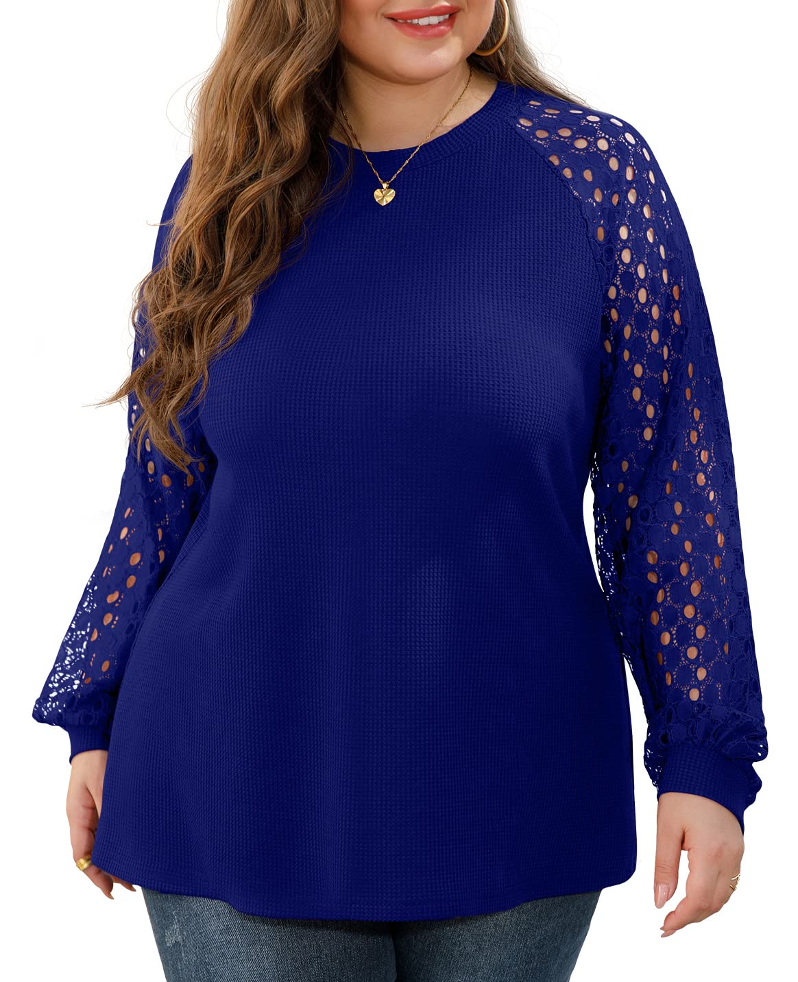 OLRIK Plus Size Women's Lace Sleeve Blouse - Waffle Knit Tops with Long/Short Sleeve Options - Elegant Casual Shirts for Work, Date Night & Everyday Wear