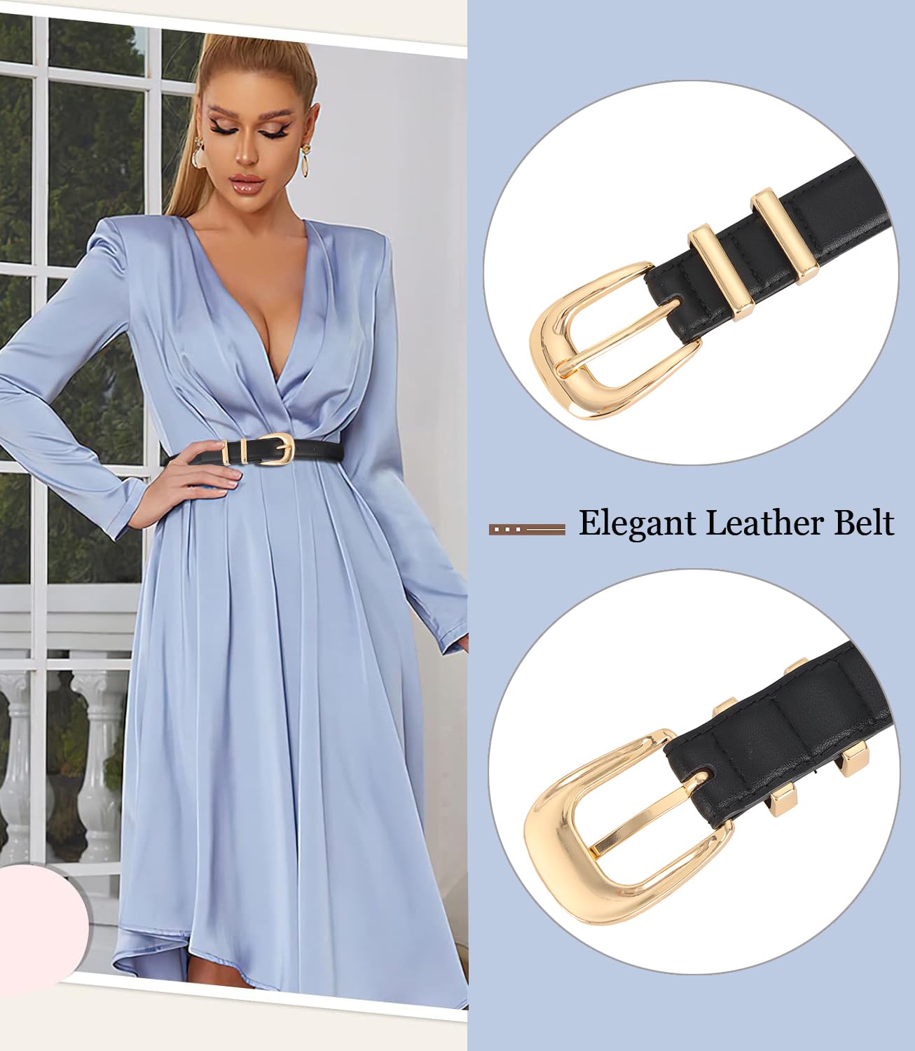 ALAIX Women's Fashion Leather Belt - Adjustable Black Genuine Leather Belt with Gold/Silver Buckle for Jeans, Pants & Dresses | Perfect for Casual, Office & Evening Outfits