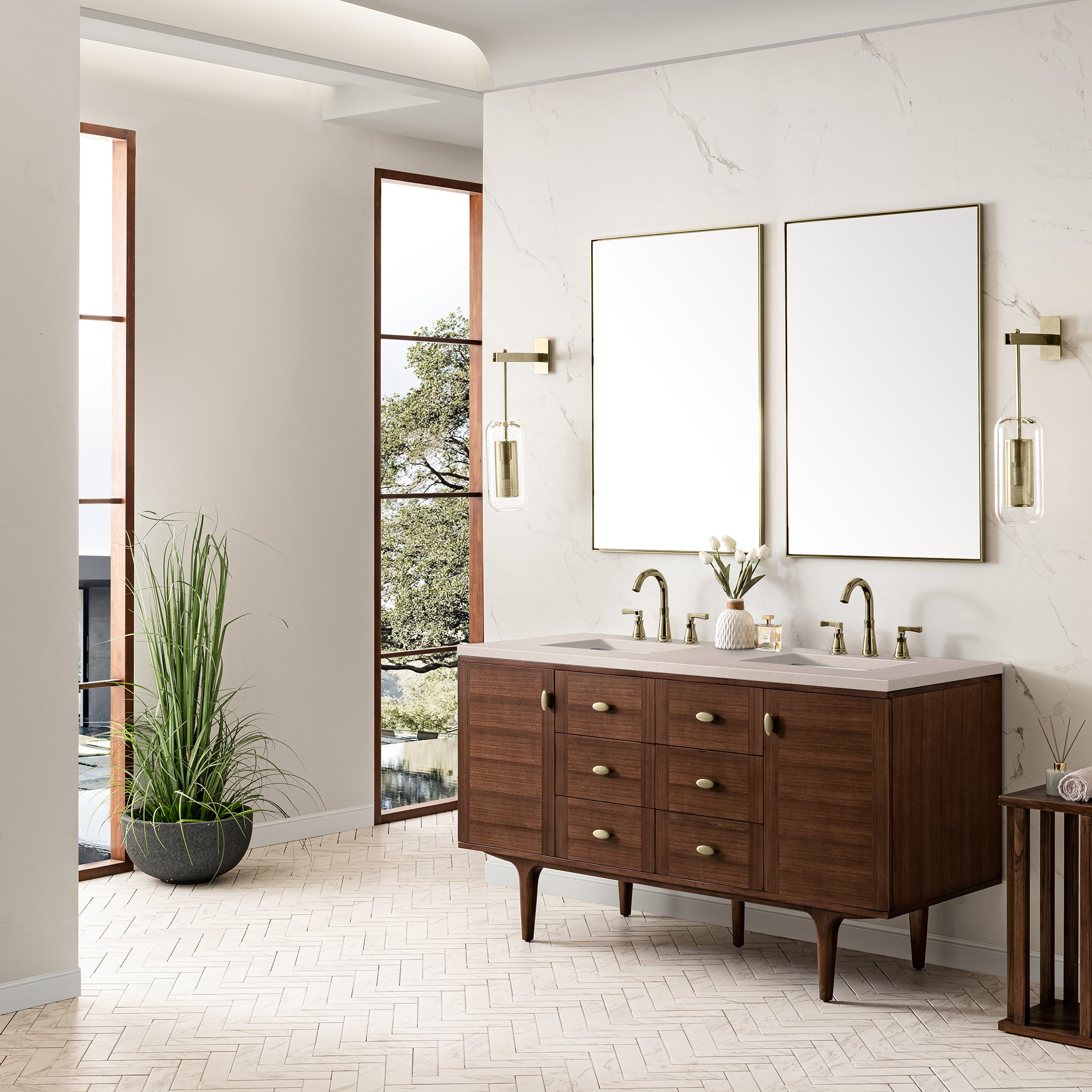 Amberly 60 Inch Double Bathroom Vanity with Mid-Century Walnut Finish & 3CM Eternal Marfil Stone Top - Perfect for Master Bathroom Renovation & Modern Home Decor