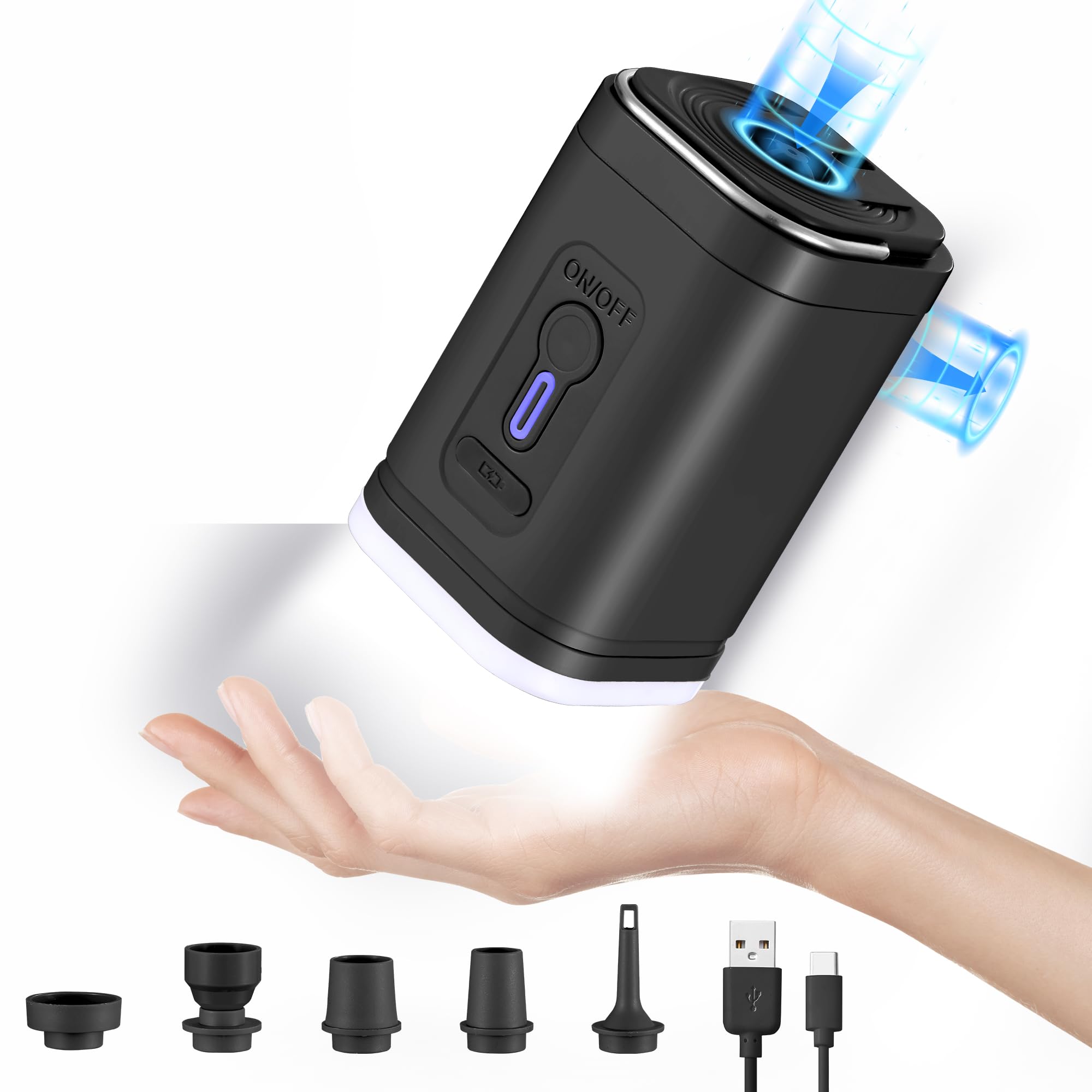 Portable Electric Air Pump for Inflatables - 5 Nozzles & 3 LED Camping Lights - Quick Inflation for Pool Floats, Air Mattresses, Yoga Balls, Beach Toys & Vacuum Storage Bags - Perfect for Camping, Travel, Home & Outdoor Activities