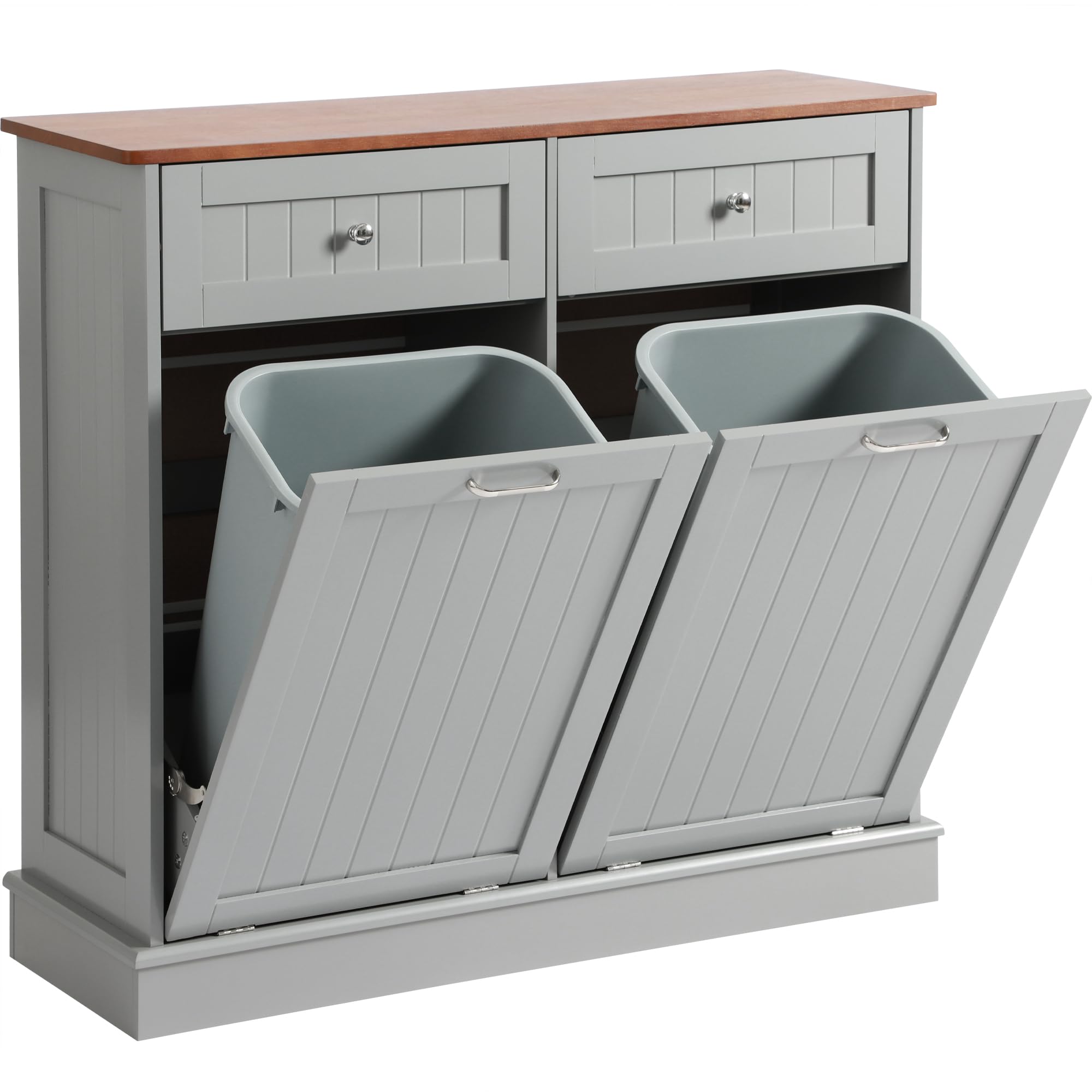 Tilt Out Trash Can Cabinet with Double Hidden Can Holder - Wooden Free Standing Kitchen Recycling Storage - Dog Proof Gray Cabinet for Waste Management & Home Organization