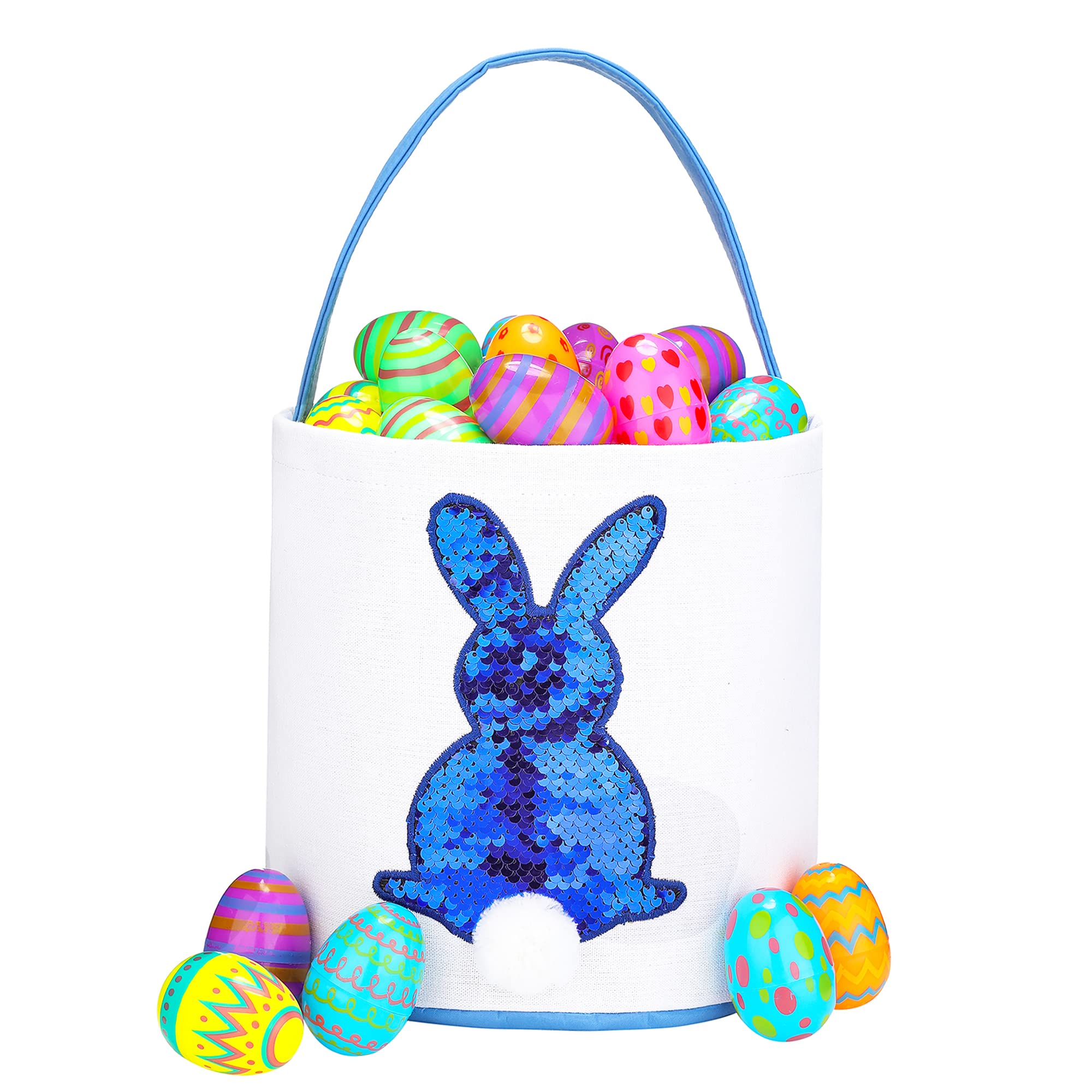 Easter Baskets for Kids - Bunny Printed Gift Basket for Easter Egg Hunt & Party Decor (Blue)