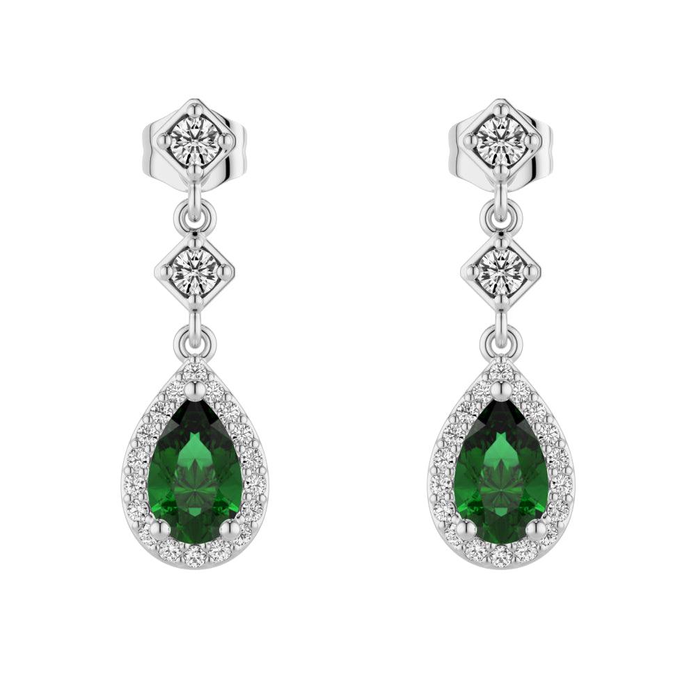 1.24 CT Pear Emerald Drop Earrings with Pavé Halo - Elegant Dangle Earrings for Women, Perfect for Weddings, Parties & Special Occasions