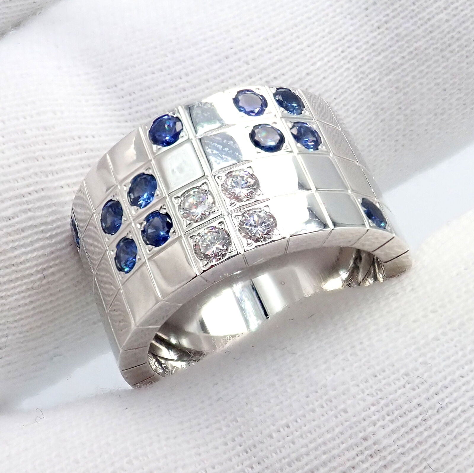 Cartier 18k White Gold Lanieres Diamond & Blue Sapphire Wide Band Ring - Size 6.5 (US 53) - Luxury Wedding Band, Anniversary Gift for Her, Elegant Jewelry for Special Occasions