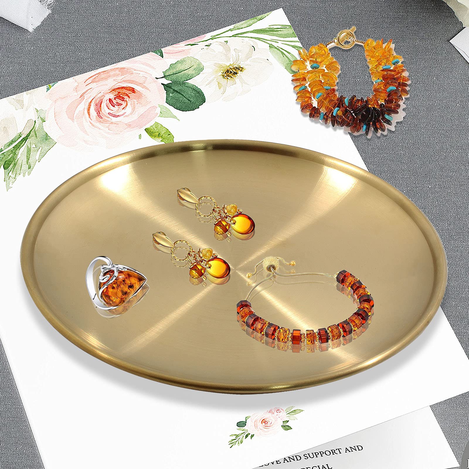 6.69 Inch Stainless Steel Round Gold Tray - Multi-Purpose Serving Tray for Bathroom Towels, Cosmetics, Jewelry, Fruit & Candy - Elegant Decorative Storage Solution for Home, Hotel or Spa