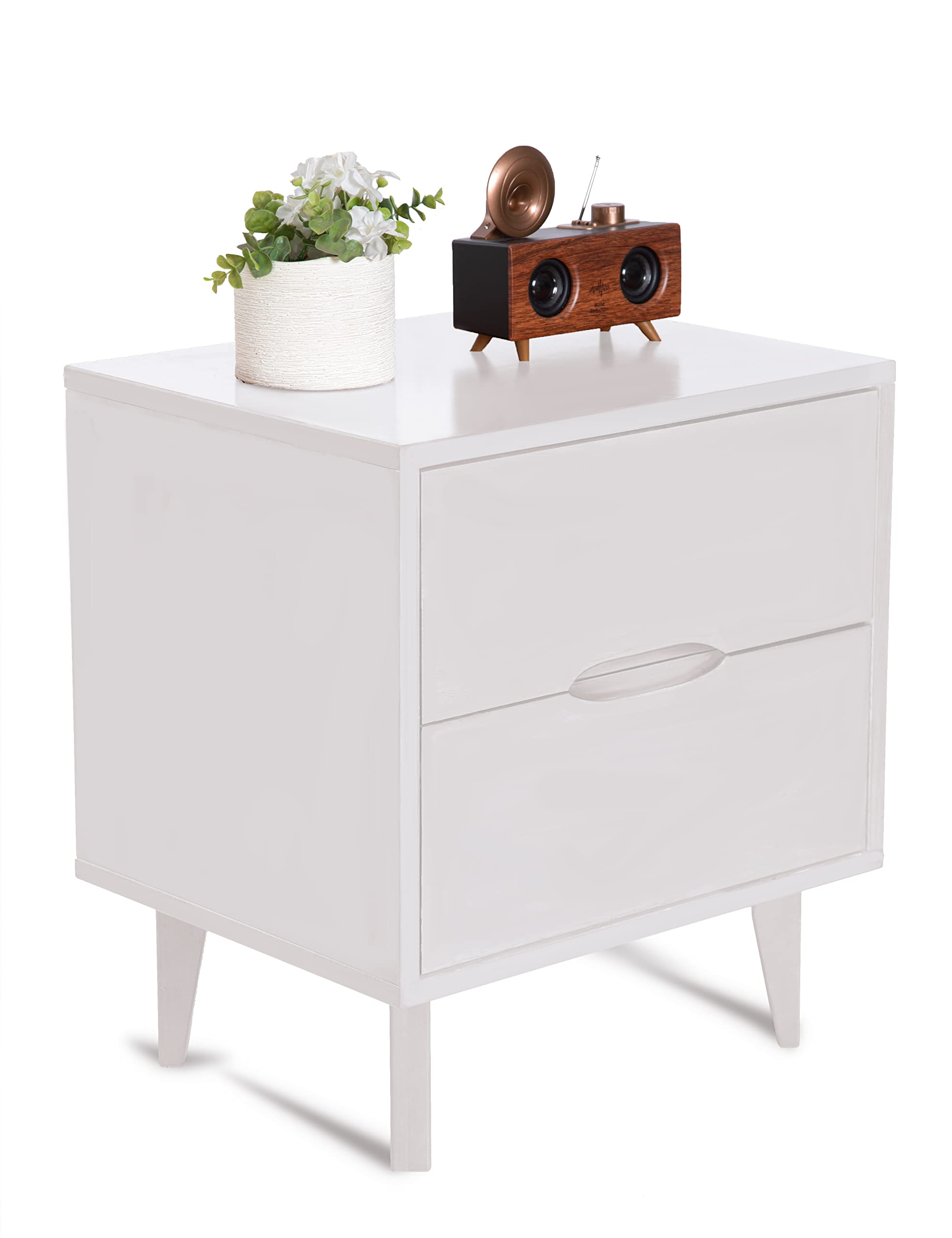 Mid Century Modern Nightstand with Grooved Handle - 2 Drawer Wooden Bedside Table with Storage Shelf, White - Perfect for Bedroom, Living Room & Guest Room Décor
