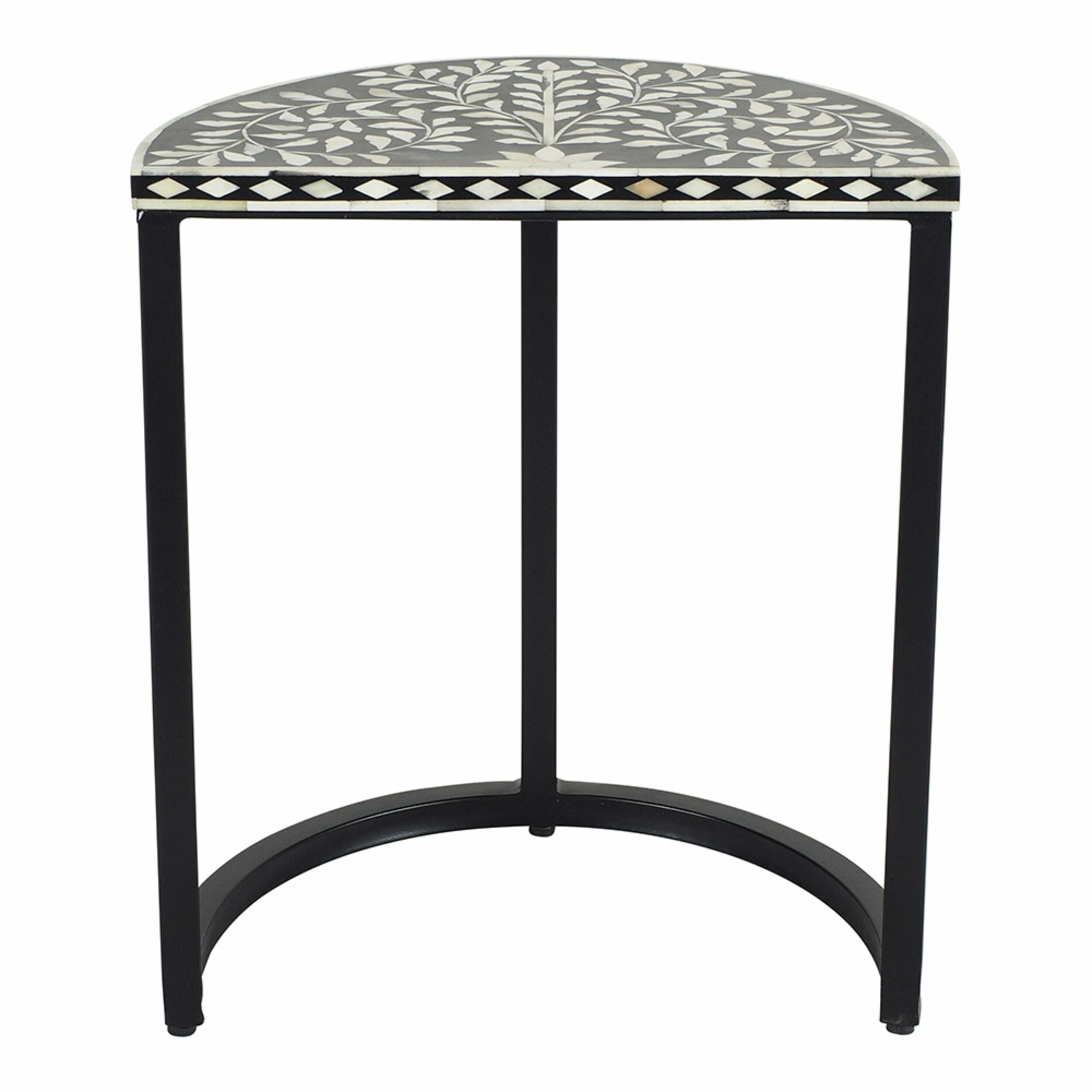 Handcrafted Bone Inlay Half Moon Side Table - 21 Inch Black Wooden Frame - Boho Chic Nightstand for Bedroom Decor | Perfect for Living Room, Bedside & Entryway