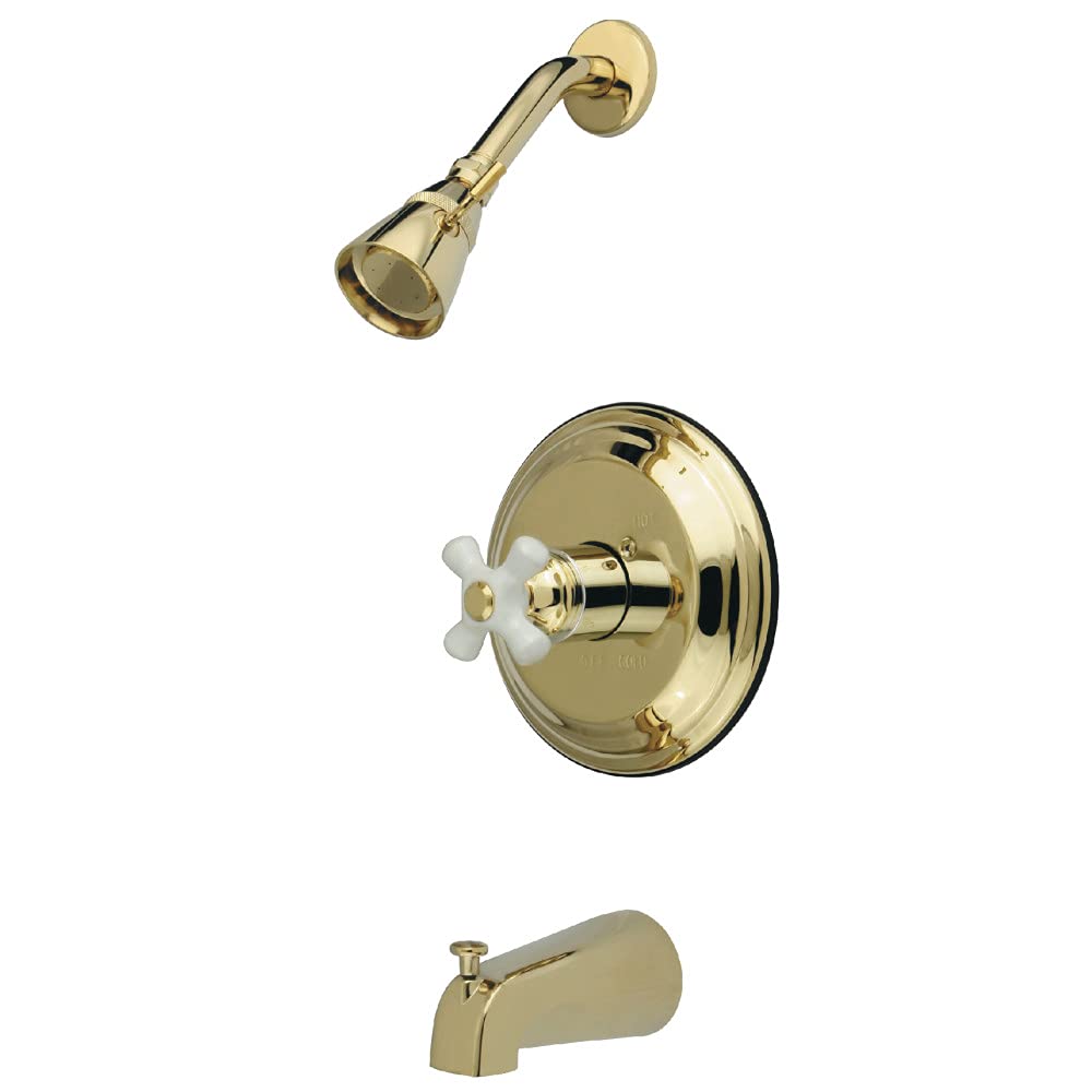Kingston Brass KB3632PX Polished Brass Tub and Shower Faucet with Porcelain Cross Handle - Vintage Restoration Hardware for Bathroom Remodel & Luxury Spa Experience