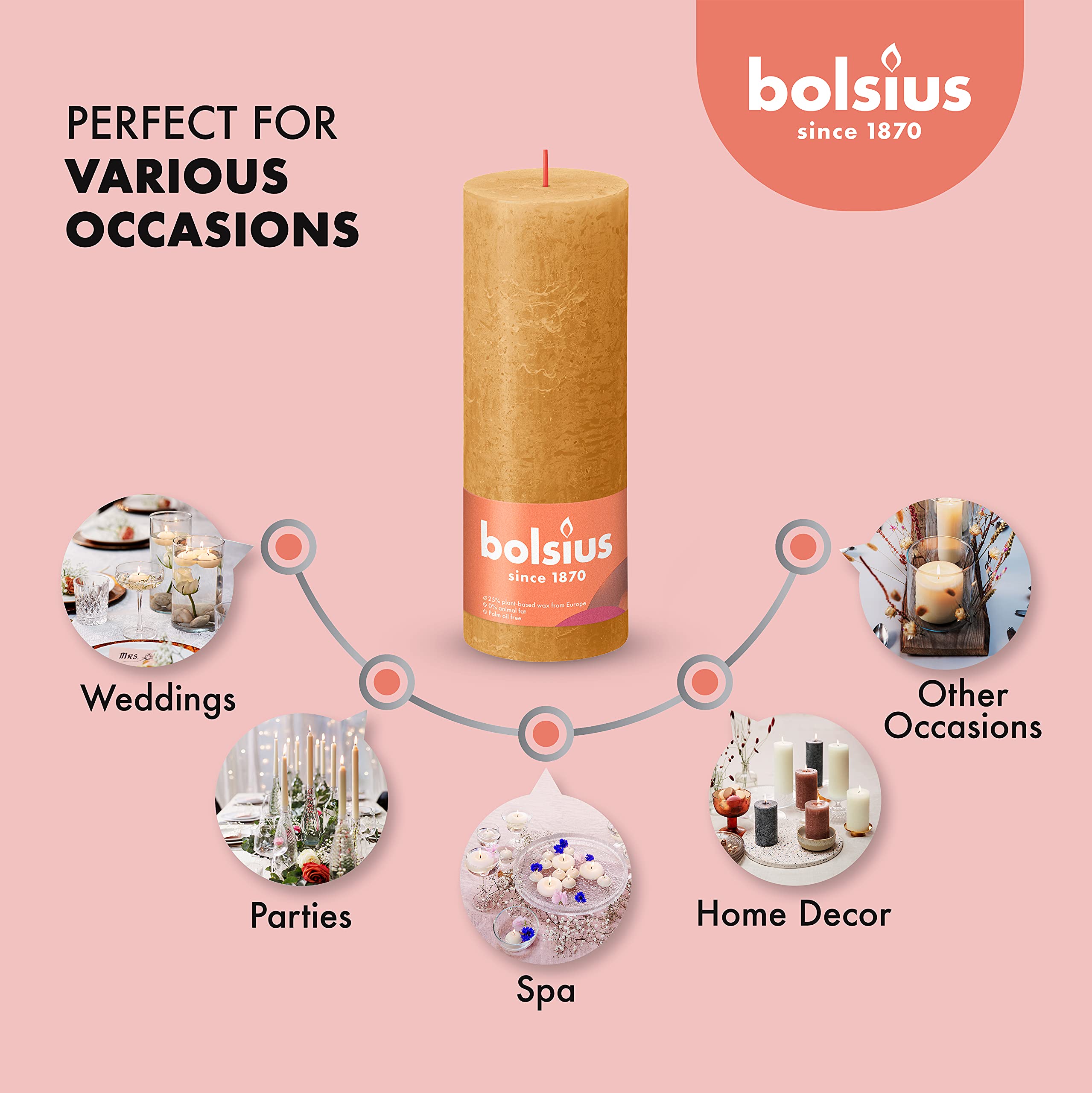 BOLSIUS 4-Pack Yellow Rustic Pillar Candles - 2.75 x 7.5 Inch Unscented Dripless Smokeless Candles - Premium European Quality with Natural Plant-Based Wax - 85-Hour Burn Time - Perfect for Wedding Centerpieces, Romantic Dinners & Home Decor